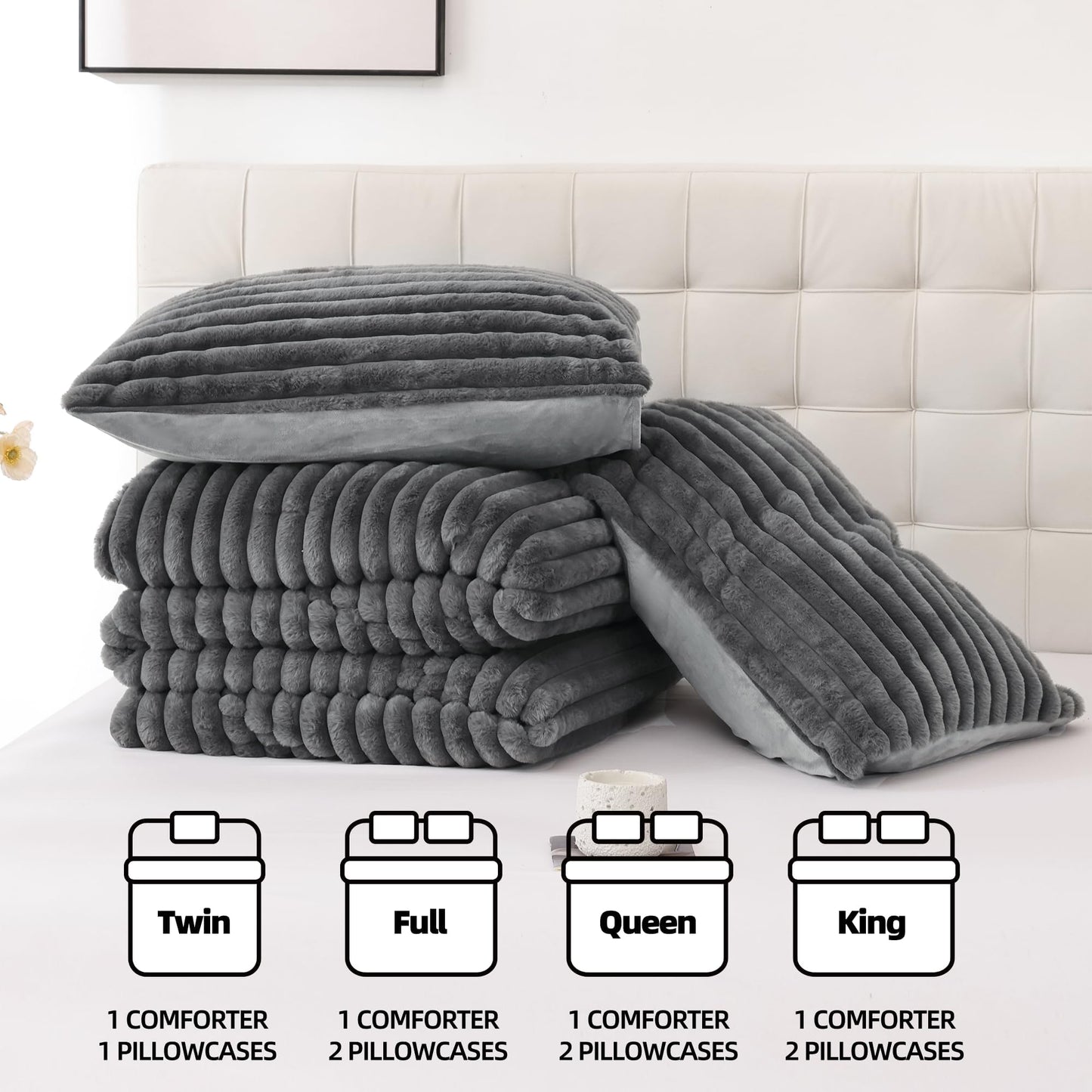 YIKUSH Fluffy Queen Comforter Set 3 Pieces - Dark Gray Fleece Fluffy Comforter Queen Set, Luxury Fuzzy Queen Bed Set, Soft & Warm Bed Comforter Queen with 2 Pillow Cases