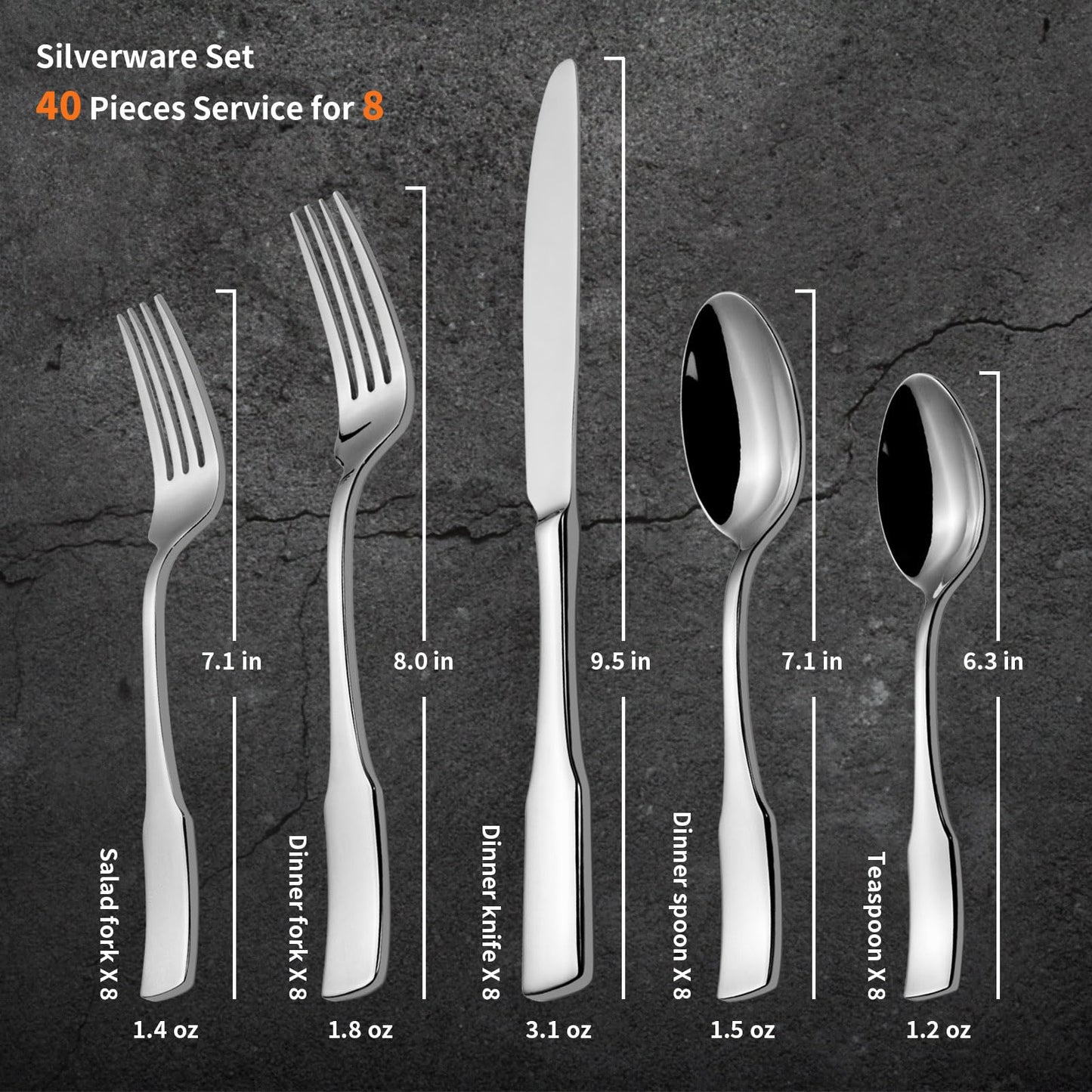 Kate 40-Piece Silverware Set,Service for 8,Stainless Steel Flatware Set,Mirror Polished Cutlery Set,Dishwasher Safe