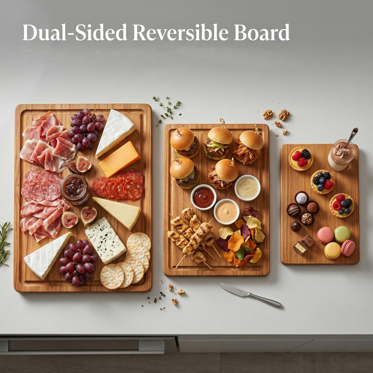 3 Pcs Teak Wood Cutting Board Set with Holder, Reversible Chopping Boards with Deep Juice Groove