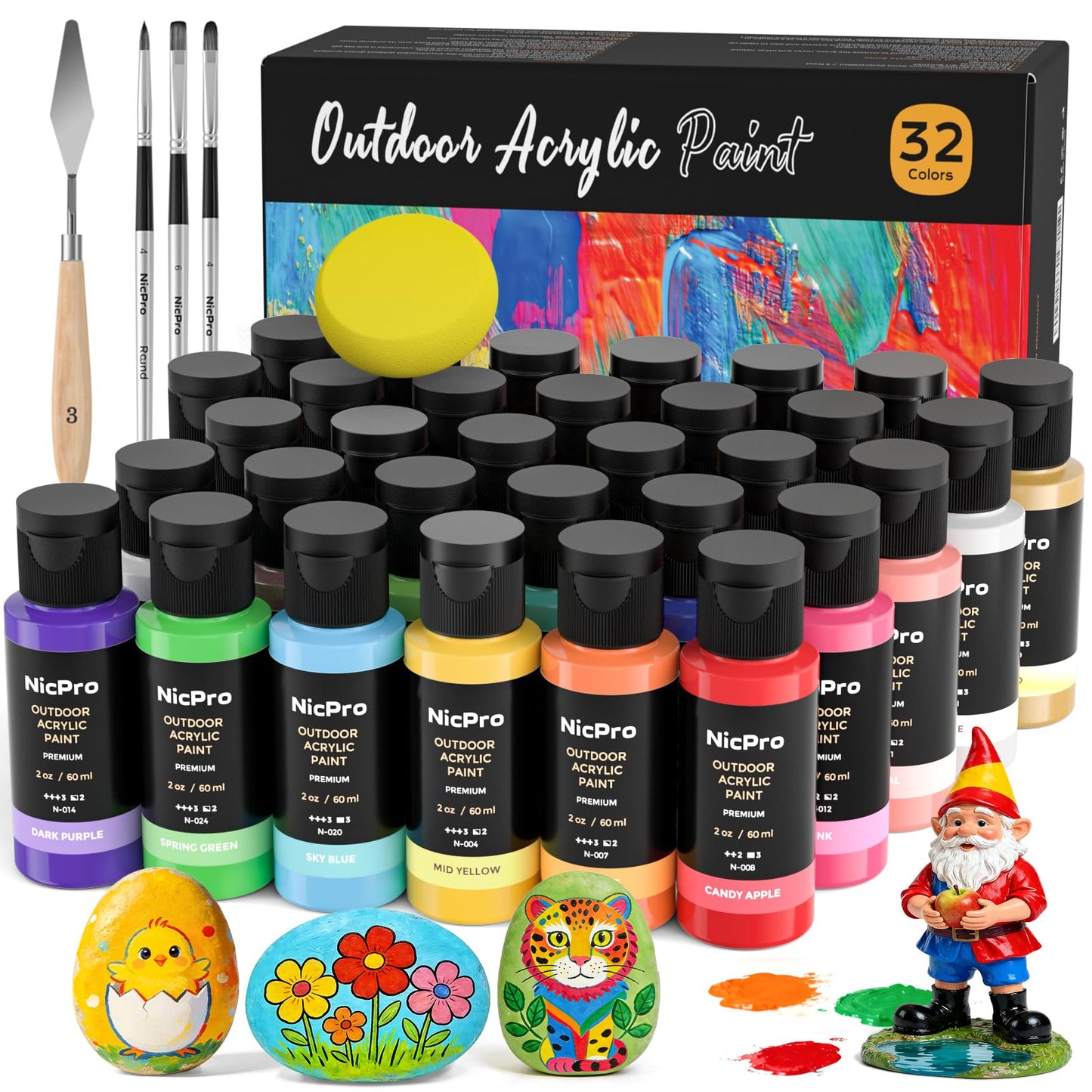 Nicpro 32 Colors Outdoor Acrylic Paint Bulk with Brush and Sponge, Knife, Non-Toxic Exterior Art Paint for Multi-surface Rock, Wood, Fabric, Leather, Ceramic, Canvas, Metal, Shoes and Wall Painting