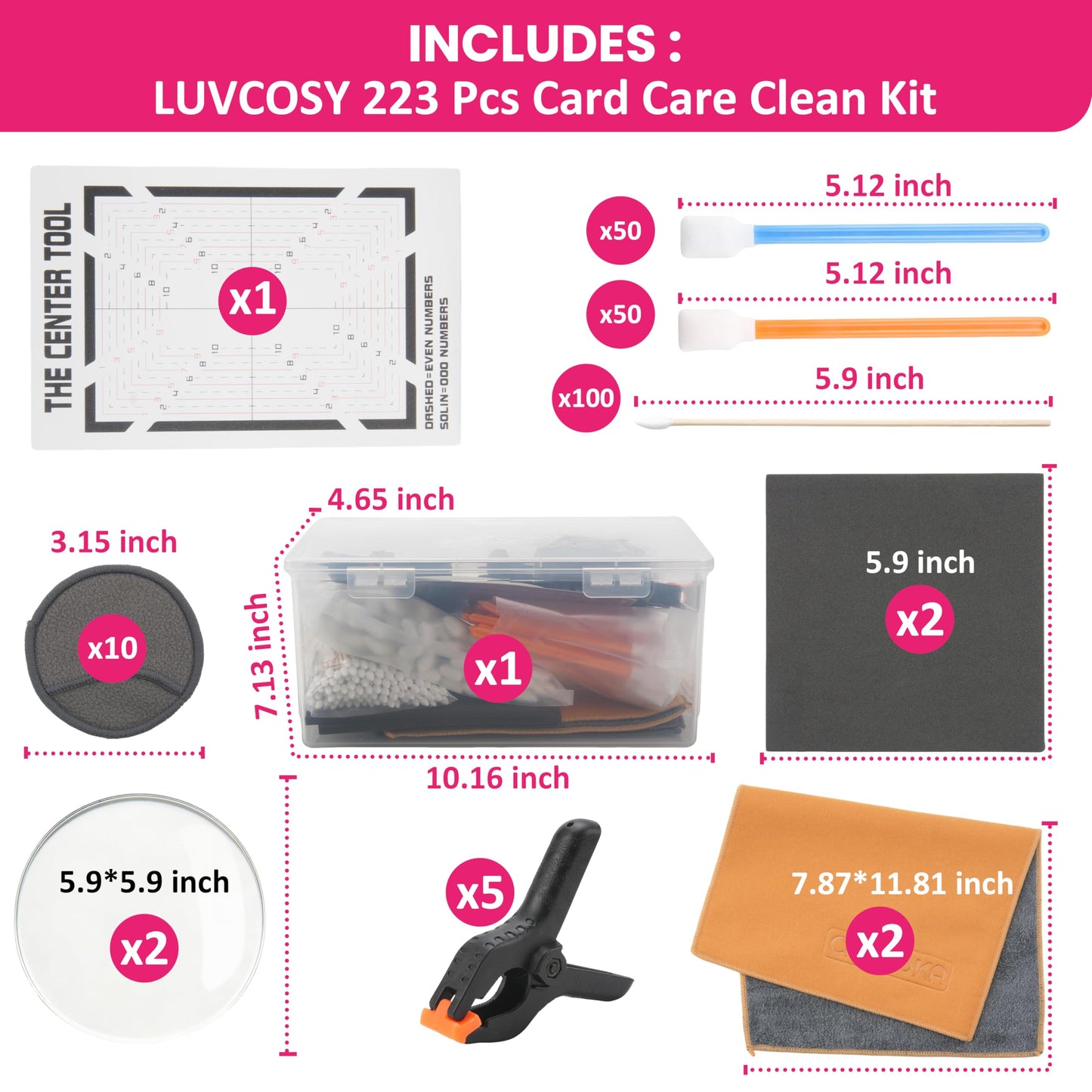 LUVCOSY 223 Pcs Trade Card Care Clean Kit, Card Cleaning & Flattening with Card Grading Centering Tool for TCG Collectors to Repair and Grade Card