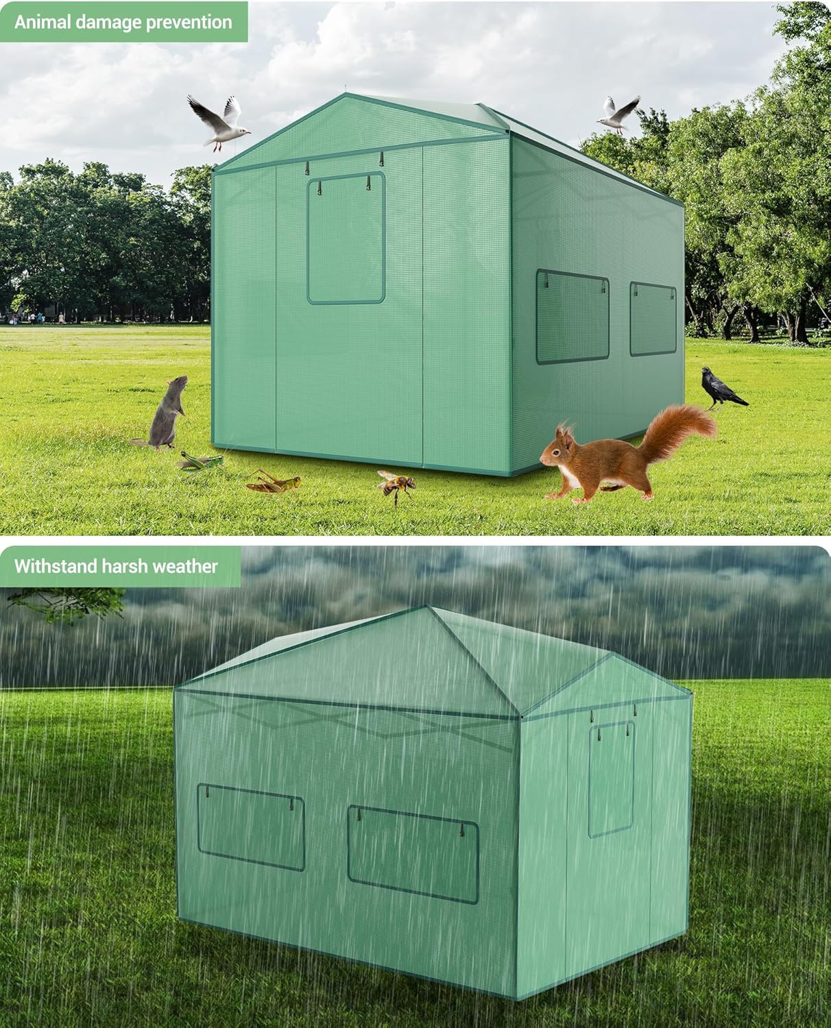 8x12FT Instant Pop-Up Walk-in Greenhouse, Plant Hot House with Galvanized Steel Frame, Green PE Cover, Roll-Up Zipper Door, Portable Large Plant Tent with Ground Pegs & Ropes for Stability