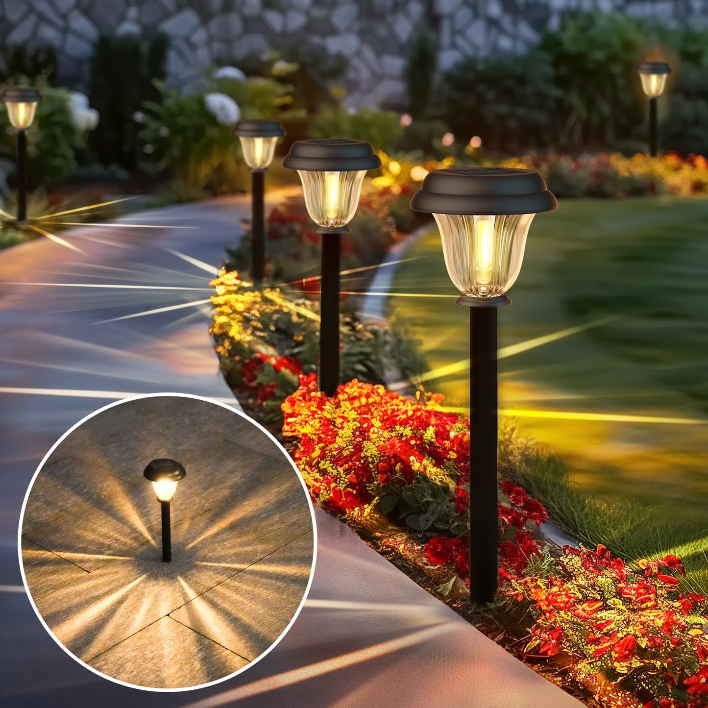 DERAYSION 8 Pack Solar Lights Outdoor, Stainless Steel Glass Solar Pathway Lights, Auto On/Off Long-Lasting Waterproof Landscape Lighting for Garden, Landscape, Path, Yard, Warkway (Warm White)