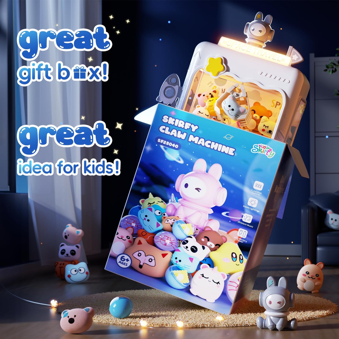 Skirfy Space Claw Machine for Kids, Mini Electronic Game Vending Machine,Candy Dispenser Game for Kids，Birthday for Girls Boys(Blue)