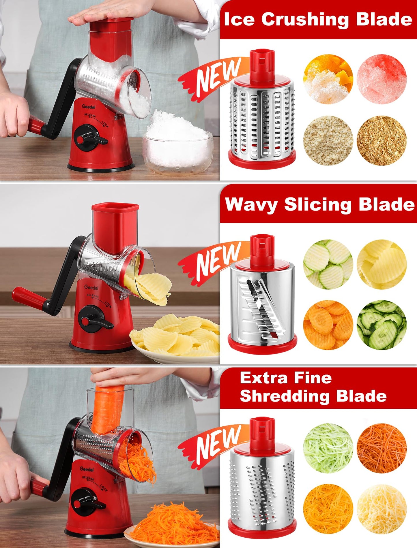 Geedel Rotary Cheese Grater Vegetable Shredder with 6 Interchangeable Blades No Slip Suction Base, Mandoline Slicer & Food Chopper for Cheese, Ice, Nuts, Vegetables, Veggie
