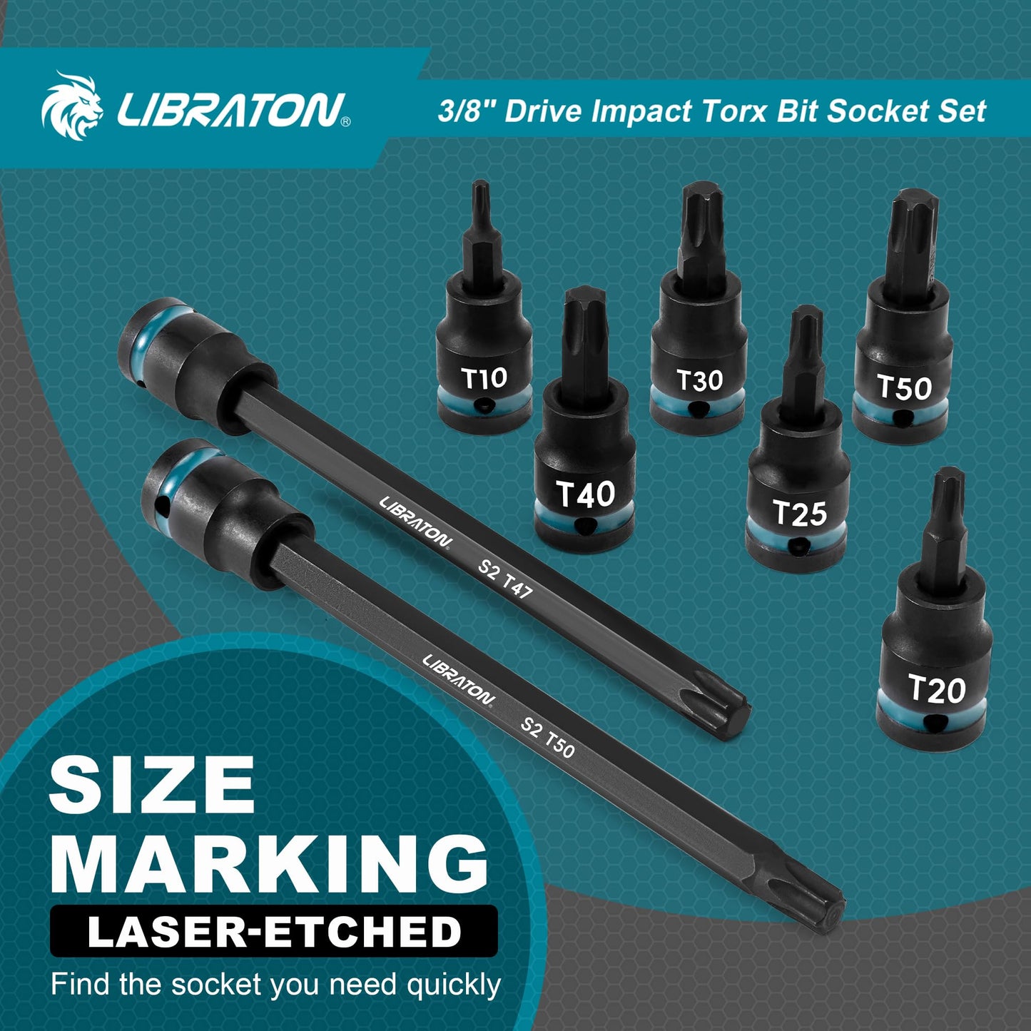 LIBRATON 3/8" Drive Impact Torx Bit Socket Set, Extra Long Torx Socket, S2 Alloy Steel Star Bit Sockets, 24PCS Torx Bit Set, Impact Torx Bit Set, T10-T60, 2in&6in Long Torx Bit Set, Blow Molded Box