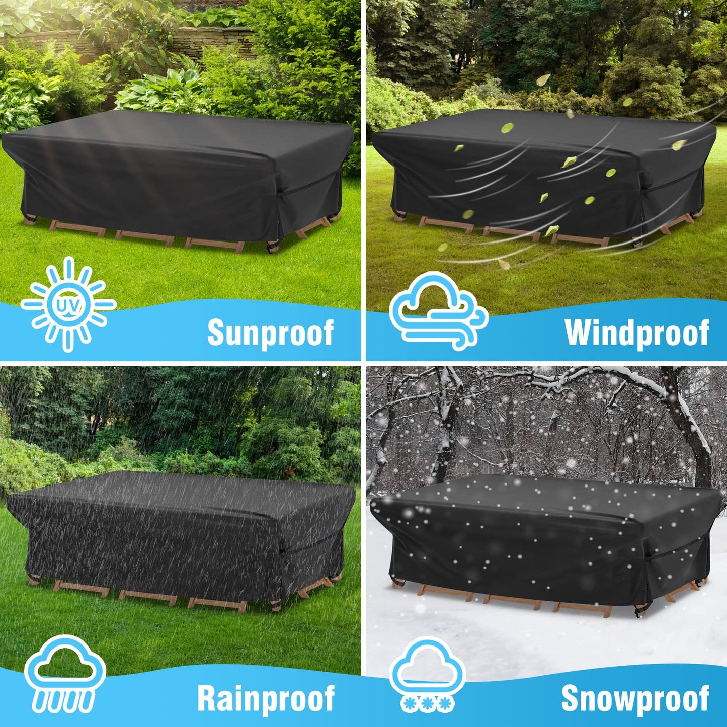 Velway Patio Furniture Cover Outdoor, Waterproof Rectangular Patio Table Chair Set Cover, 98 Lx78 Wx32 H, All Weather Oxford Tear Resistant Sectional Sofa Set Covers with Windproof Design, Black