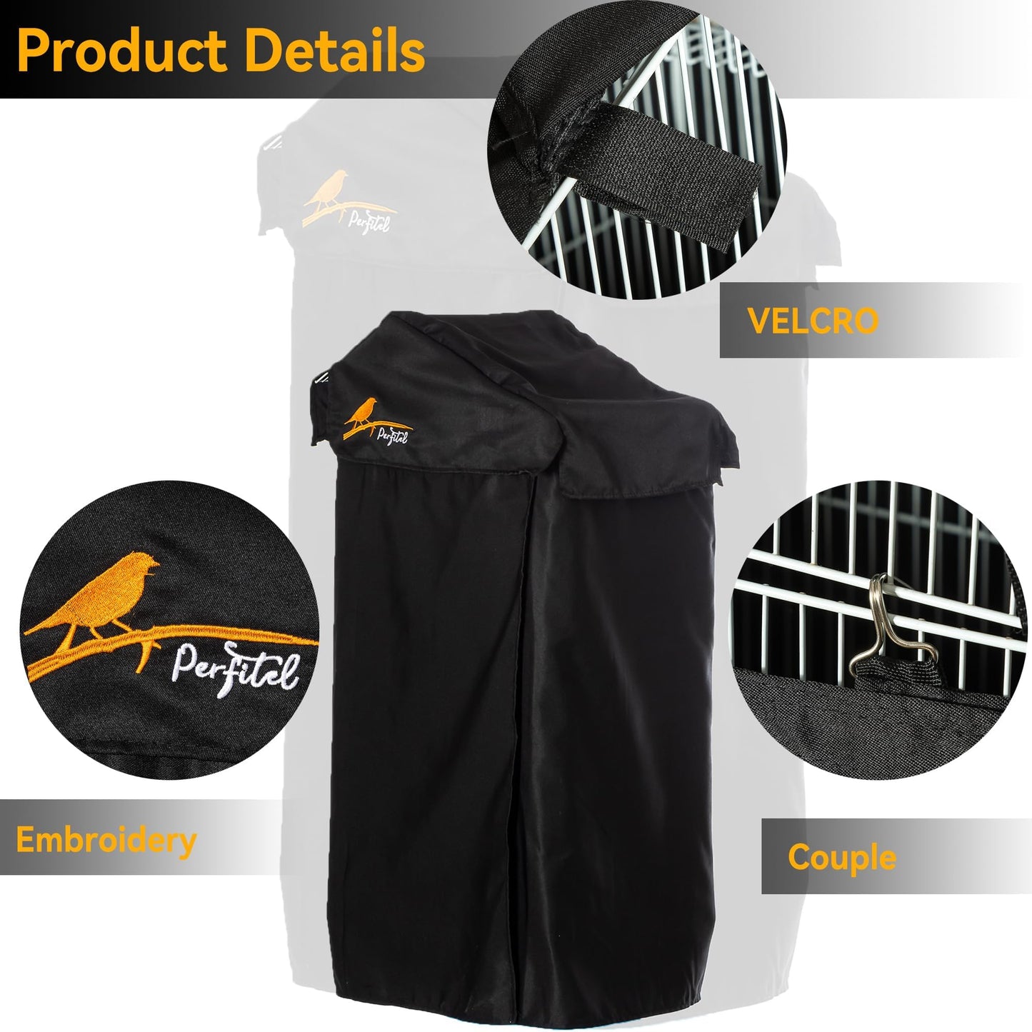 Perfitel Small Bird Cage Cover(Black) Good Night Black-Out Cover for Birdcage with Roof Top Durable Breathable Washable Material (18x14x 39) inches(cage is not Included) (18 * 14 * 40, U-Shaped)
