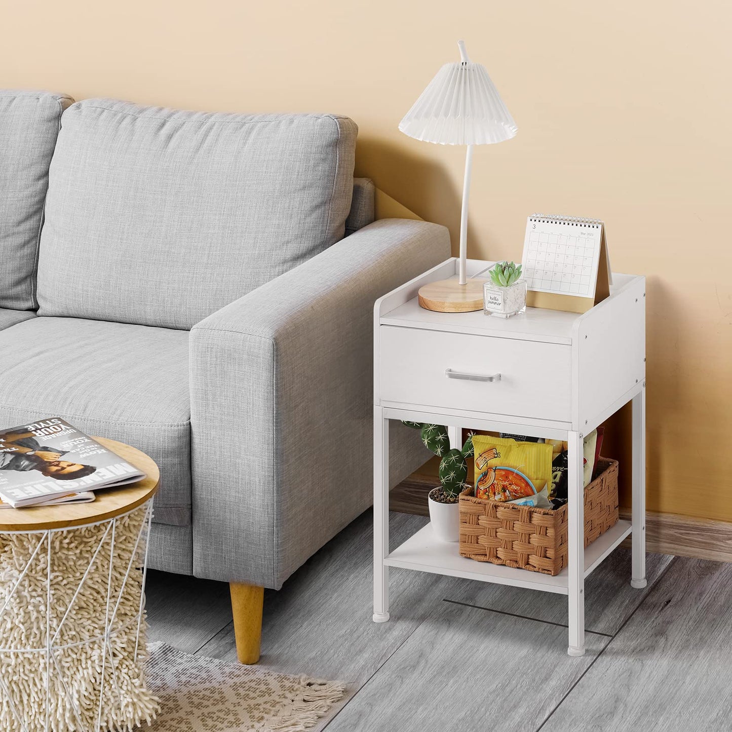 OYEAL White Nightstand, End Table with Charging Station 2-Tier Side Table with Drawer and Storage Shelf, Rustic Bedside Night Stand for Bedroom, Living Room, Easy Assembly, White