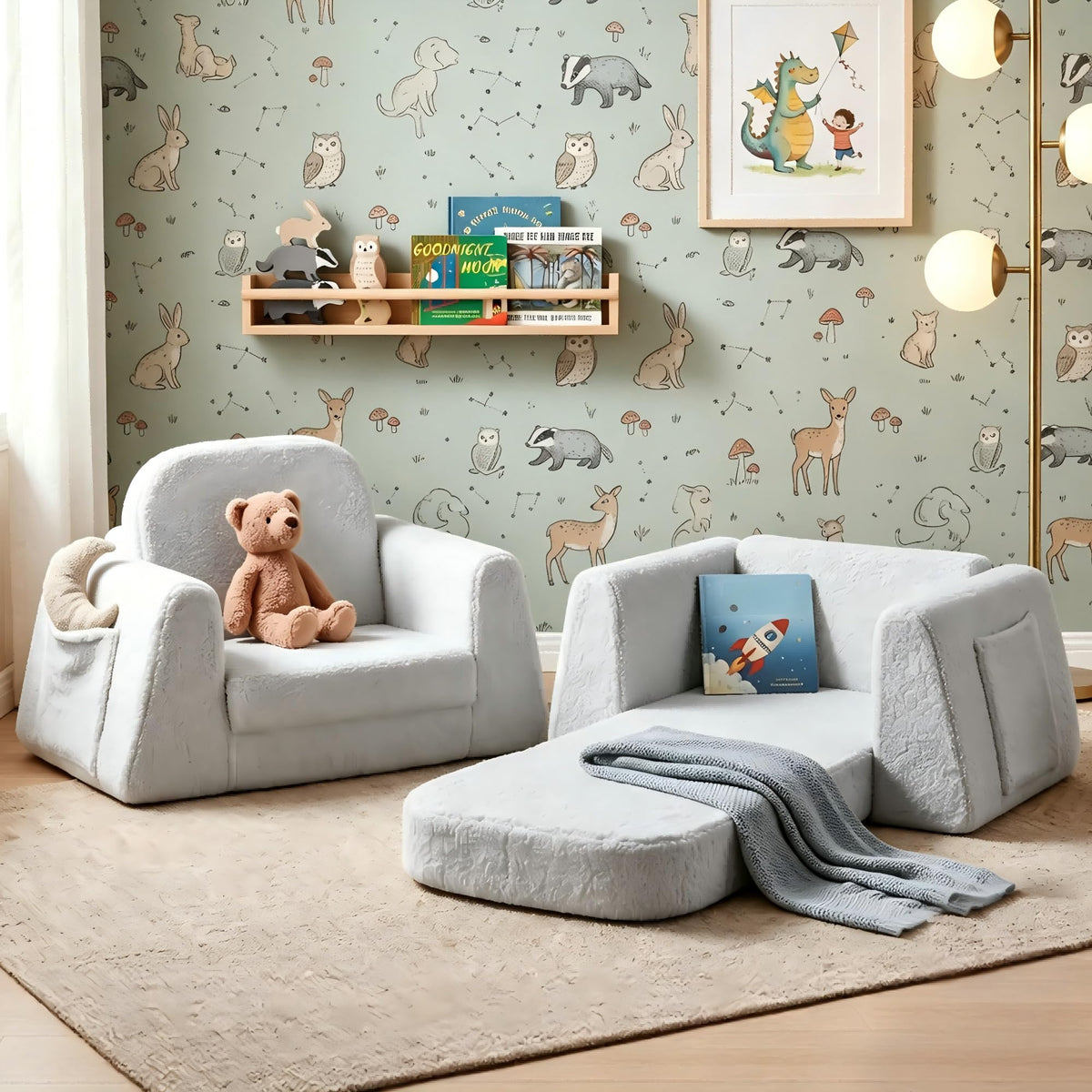BanaSuper Wide Kids Sofa, Convertible Foam Couch for Children 3-8, Gray