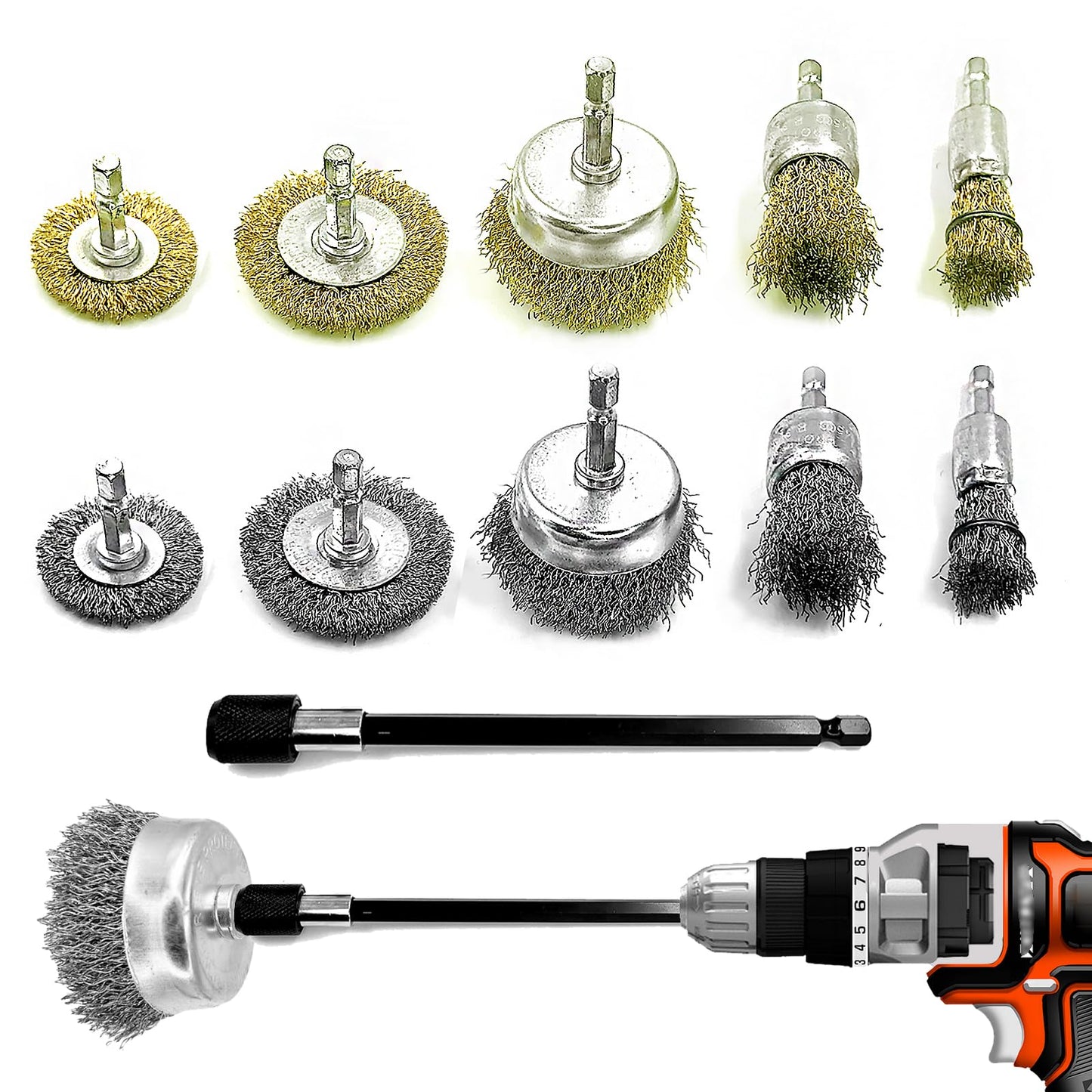 Daily Treature 10 Pack Wire Wheel Cup Brush Set for Drill Abrasive with 1/4" Hex Shank,Extension Rod for Safty,Brass Coated Crimped Drill Sanding Attachment，Metal Brush for Drill Rust Removal
