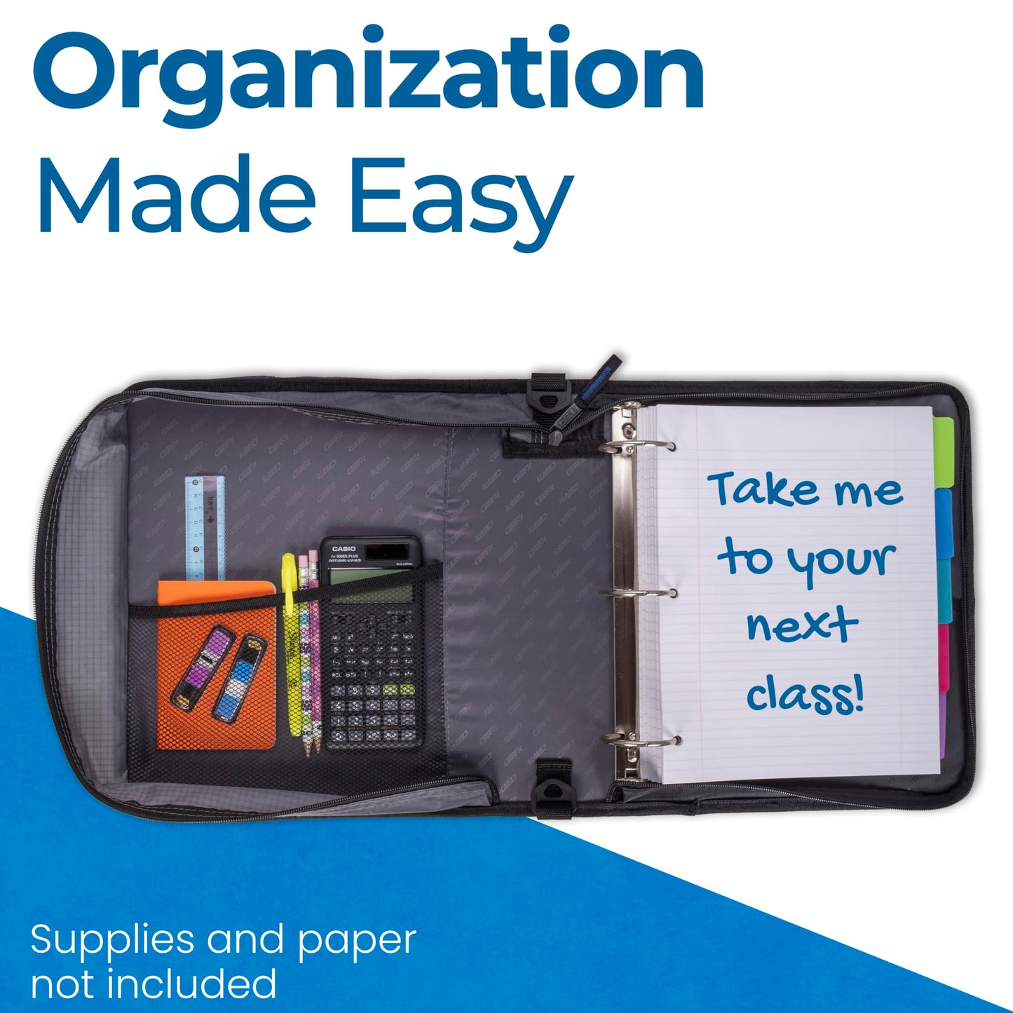 Case-it Universal Zipper Binder | 2-Inch O-Rings, 13-Inch Laptop/Tablet Padded Pocket, 400 Sheet Capacity, Multiple Storage Pockets & Shoulder Strap | School & Office Organizer | LT-007 Jet Black