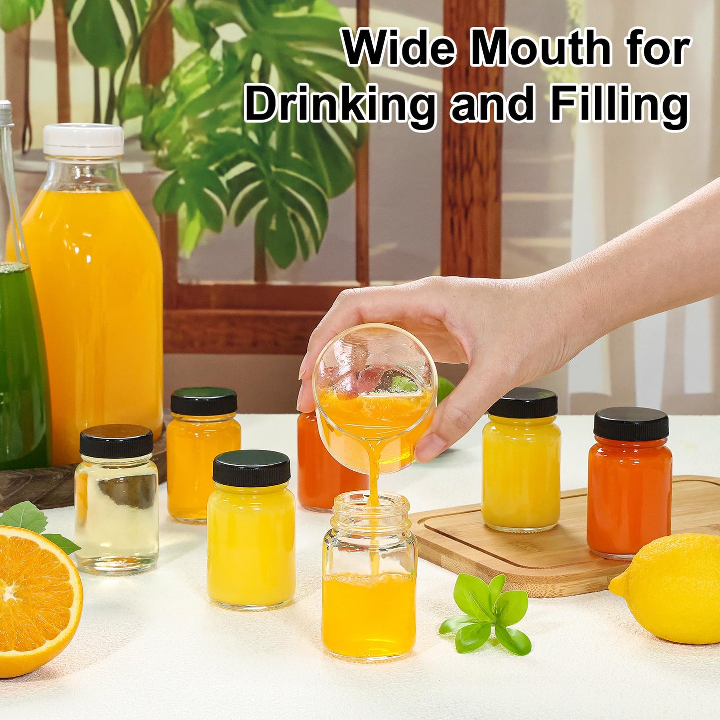 KEYWING 28 Pack 2oz Glass Bottles with Lids - Small Clear Jars for Ginger, Wellness Shots, Juice, Whiskey - Travel Mini Reusable Wide Mouth Bottles- Leakproof, Dishwasher Safe