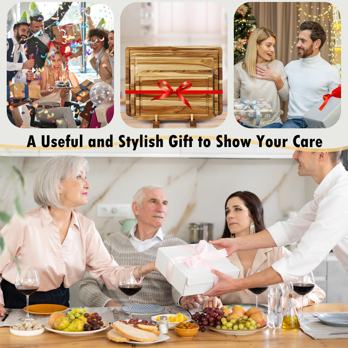 3 Pcs Teak Wood Cutting Board Set with Holder, Reversible Chopping Boards with Deep Juice Groove