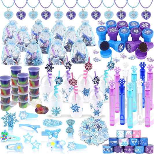 170PCS Birthday Party Favors for Girls, Snowflake Princess Theme Party Supplies - Includes Party Cups with Straws, Hairpins, Pendants, Bracelets, Stickers, Snowflake Toys, Goodie Bags