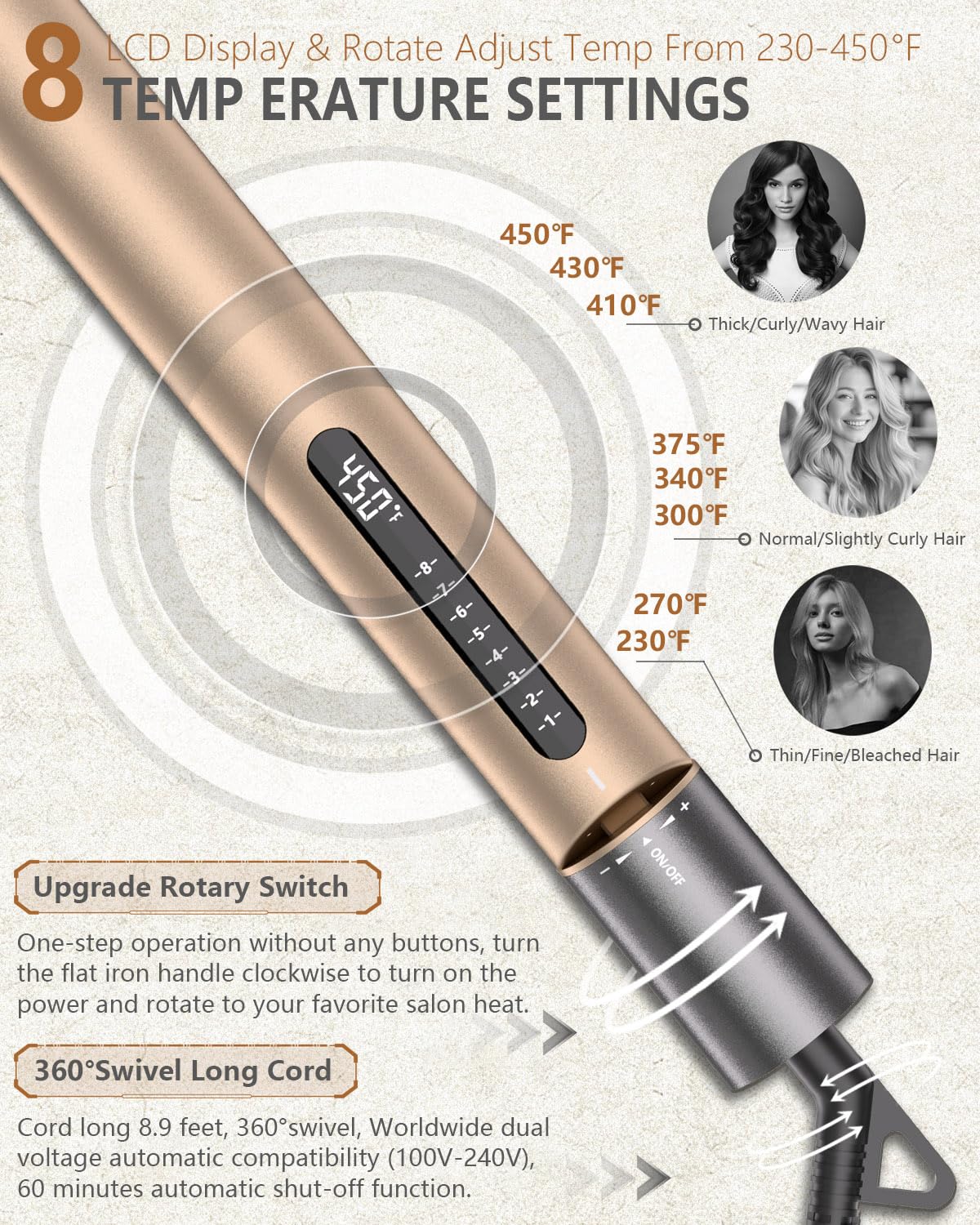 KUSNCA Hair Straightener, Professional Flat Iron Hair Straightener and Curler 2 in 1, Ceramic Negative Air Straighteners, Dual Voltage Travel Straightener, Front Anti-Scald Function, LCD 230°F-450°F, 1 Inch (Gold)