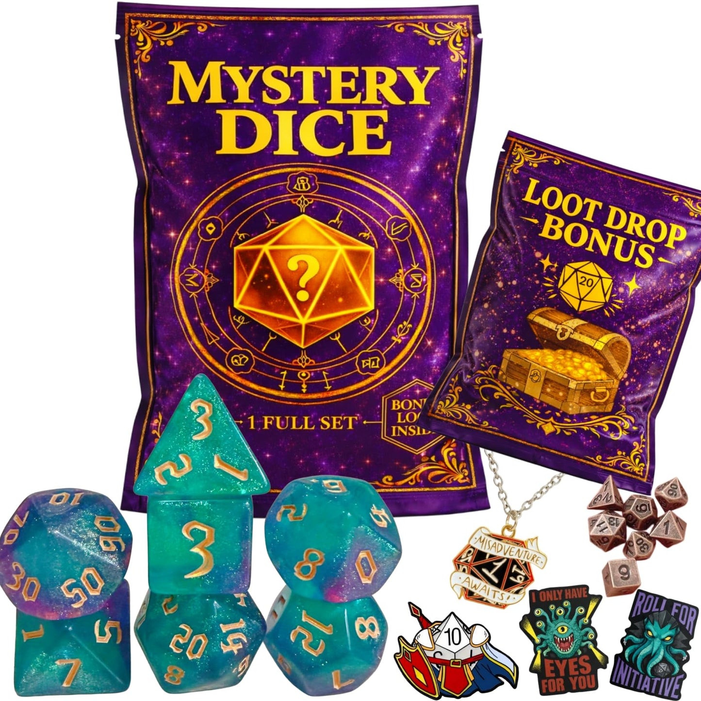 DND Mystery Dice Set, 7 Polyhedral RPG Dice + Random Loot Bag Reward, Gift for RPG Player, DM & Dice Goblin,Tabletop Games (6-Pack)