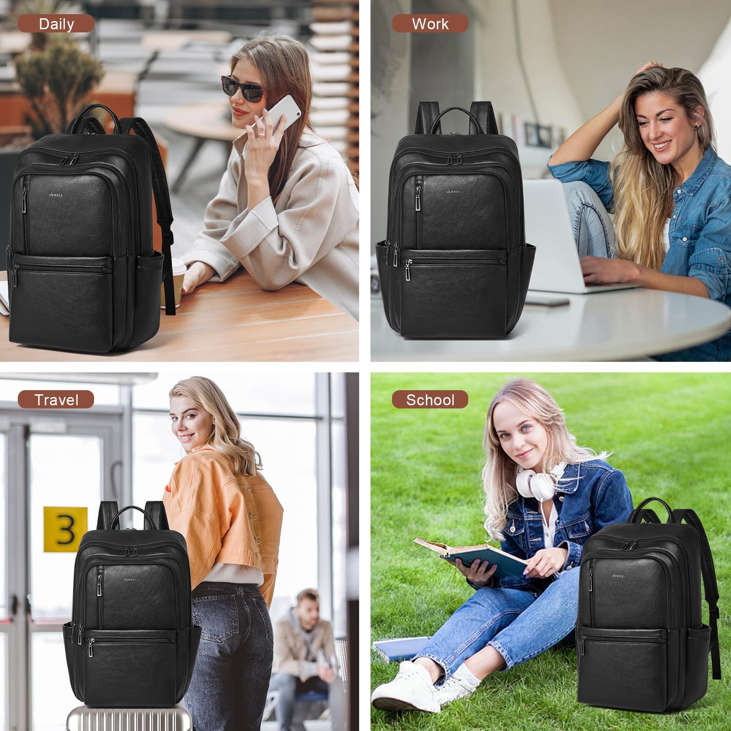 Shrrie Leather 17 inch Laptop Backpack for Women, Large Travel Backpack Purse for Casual Daypack College Work Bag
