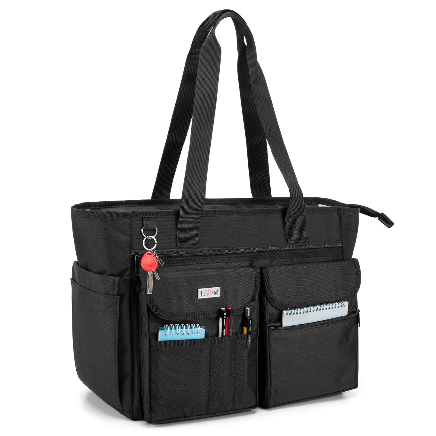 LoDrid Teacher Tote Bag with Bottom Pad, Large Compartment with Separate Storage Layer for Laptop(Up to 15.6"), Black