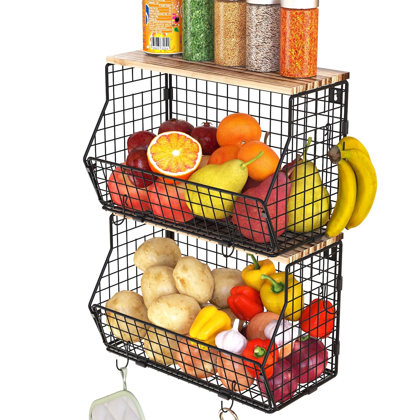 SUNALLY Hanging Fruit Basket for Kitchen Counter Organizing Wire Wall Mounted Baskets Under Cabinet Fruit and Vegetable Produce Storage Organizer Wood Lid Potato and Onion Holder with Hooks, 2 Pack