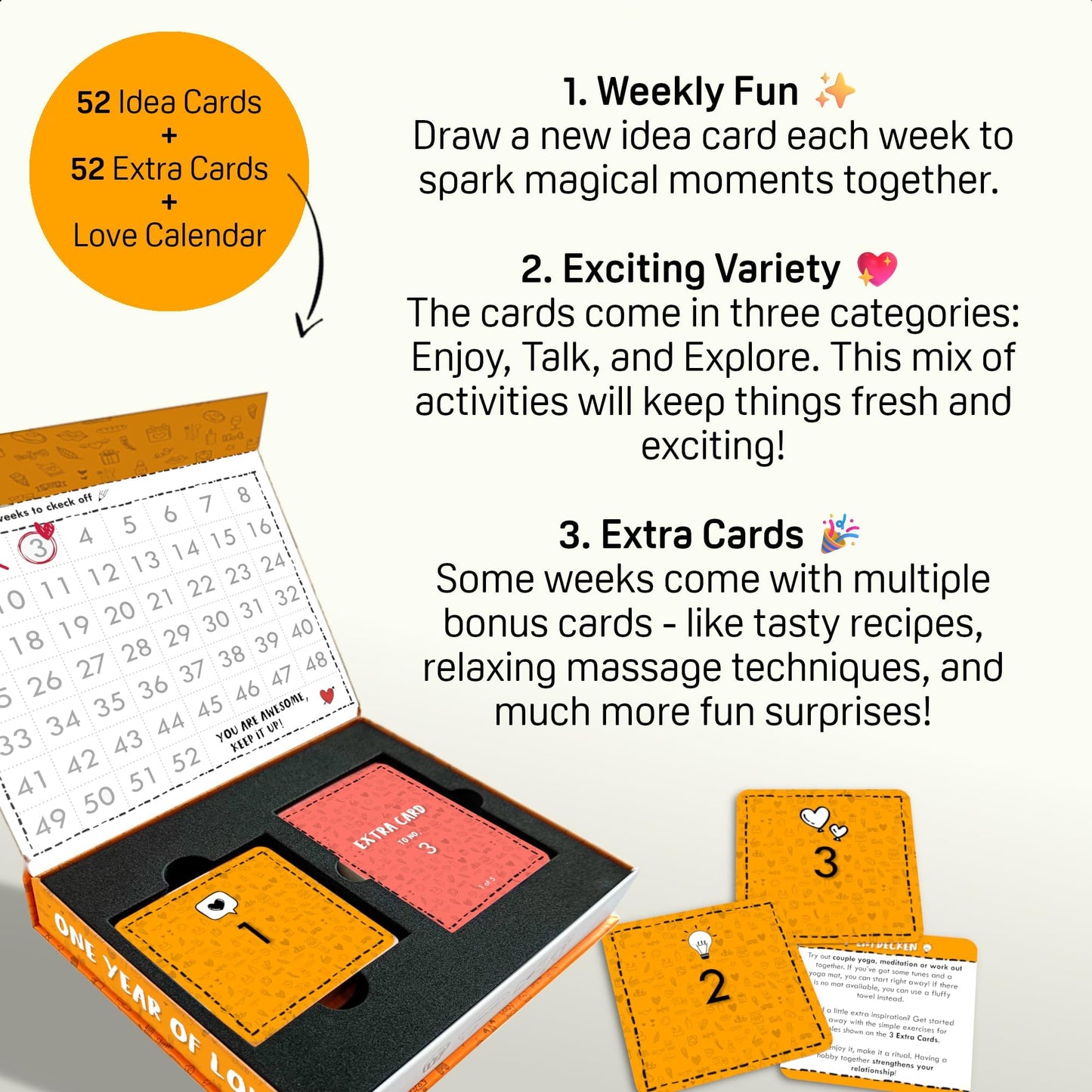 Weekly Date Night Ideas for Couples – Fun & Romantic Gift for Wedding Anniversaries, Valentine’s Day & More – for Husband, Wife, Brides & Bachelorettes – Includes 52 Unique Ideas + 52 Bonus Cards
