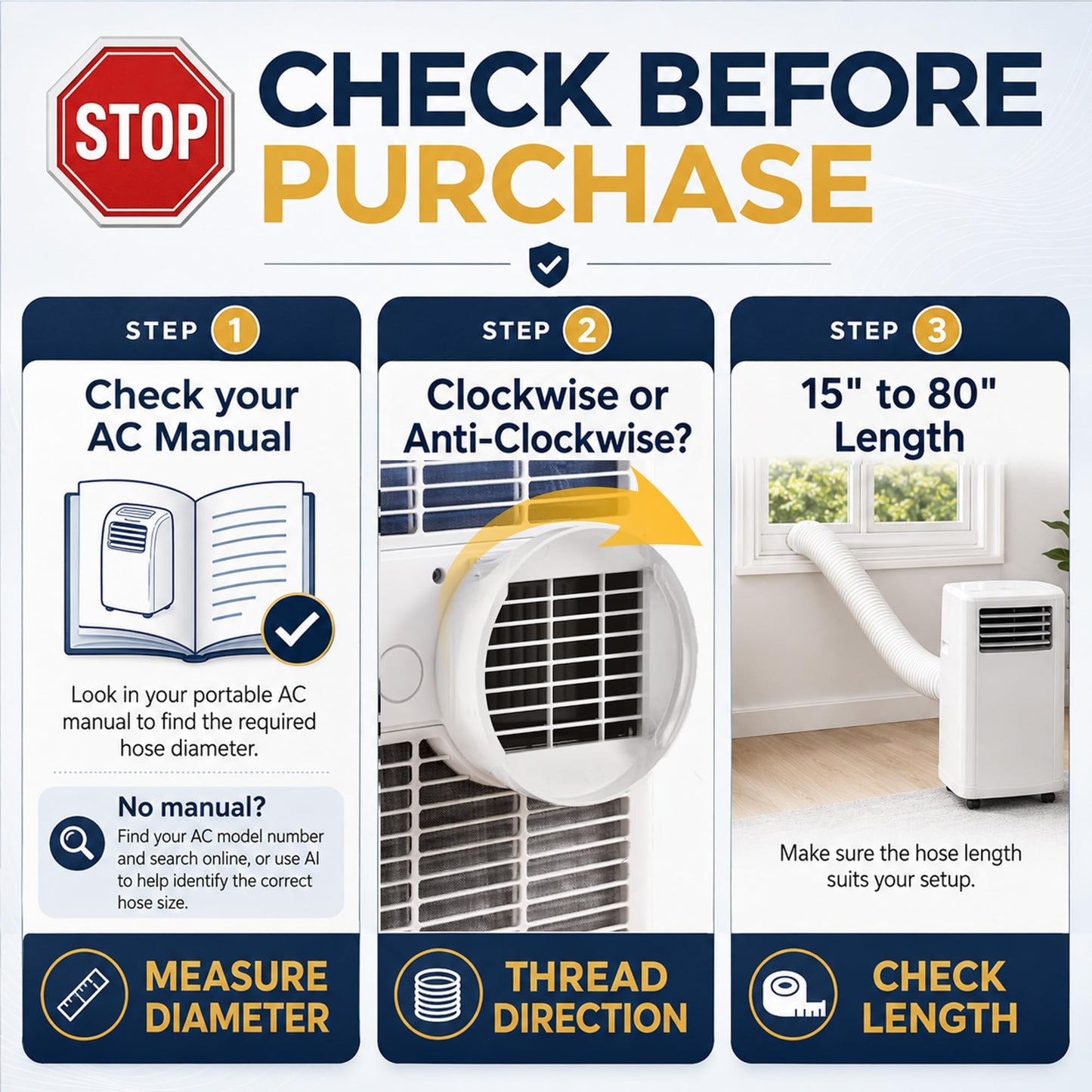 Portable Air Conditioner Hose - AC Hose with 5" Diameter, Clockwise Thread & Length up to 80" - Exhaust Hose for Portable Air Conditioner Vent Compatible with Delonghi & LG Air Conditioner Parts