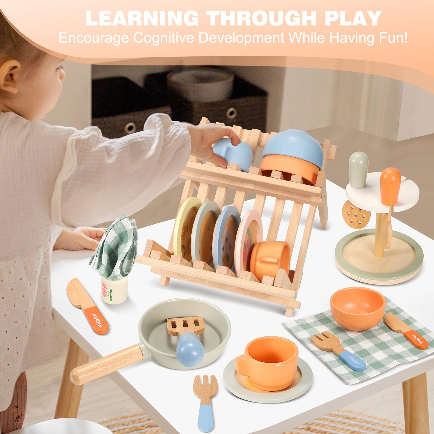 Pithfor Wooden Play Cookware Set, Pretend Play Kitchen Accessories Toys Set for Kids Toddlers, Including Play Dishes, Pan, Tableware, Utensils