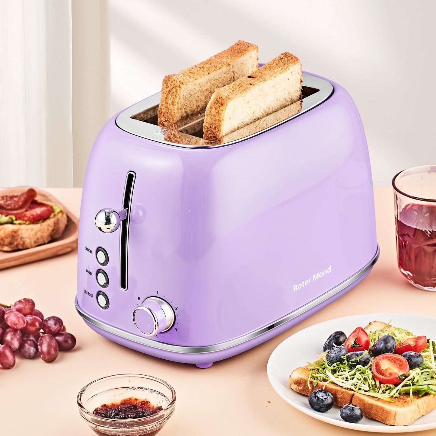 Roter Mond 2 Slice Toaster Retro Stainless Steel with Bagel, Cancel, and Defrost Functions, 6 Bread Shade Settings, Extra Wide Slots and Removable Crumb Tray, Lavender-Purple