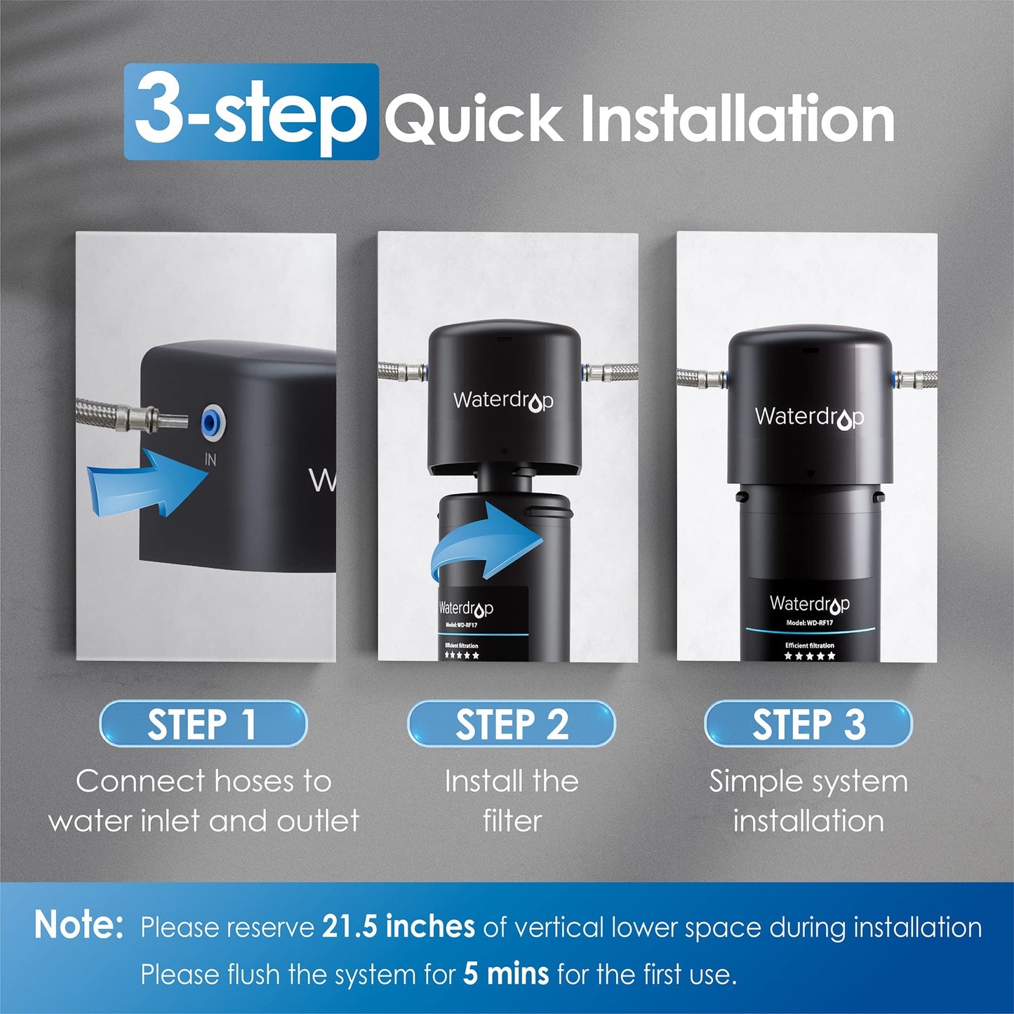 Waterdrop 17UA 3 Years Under Sink Water Filter System-Reduces Lead, Chlorine, Bad Taste & Odor-Under Counter Water Filter Direct Connect to Kitchen Faucet-NSF/ANSI 42 Certified-24000 Gallons-USA Tech
