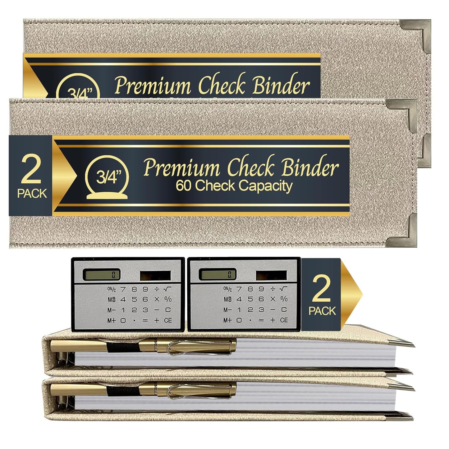 Performore12 X4 1UP Premium Business Cheque Book Binder, Includes Pen and Calculator, Light Tan Fabric 3/4" Round Ring 60 Check Capacity, 1 Inner Fabric Pocket and Clear Pocket on Both Covers 2 Pack