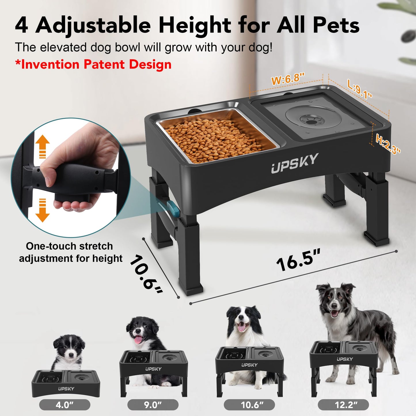 UPSKY 3-in-1 Elevated Dog Bowls Slow Feeder, 4 Height Adjustable Raised Dog Bowl Stand No Spill Dog Water Bowl Dispenser, Anti-Slip Dog Food and Water Bowl for Small Medium Dogs,Black