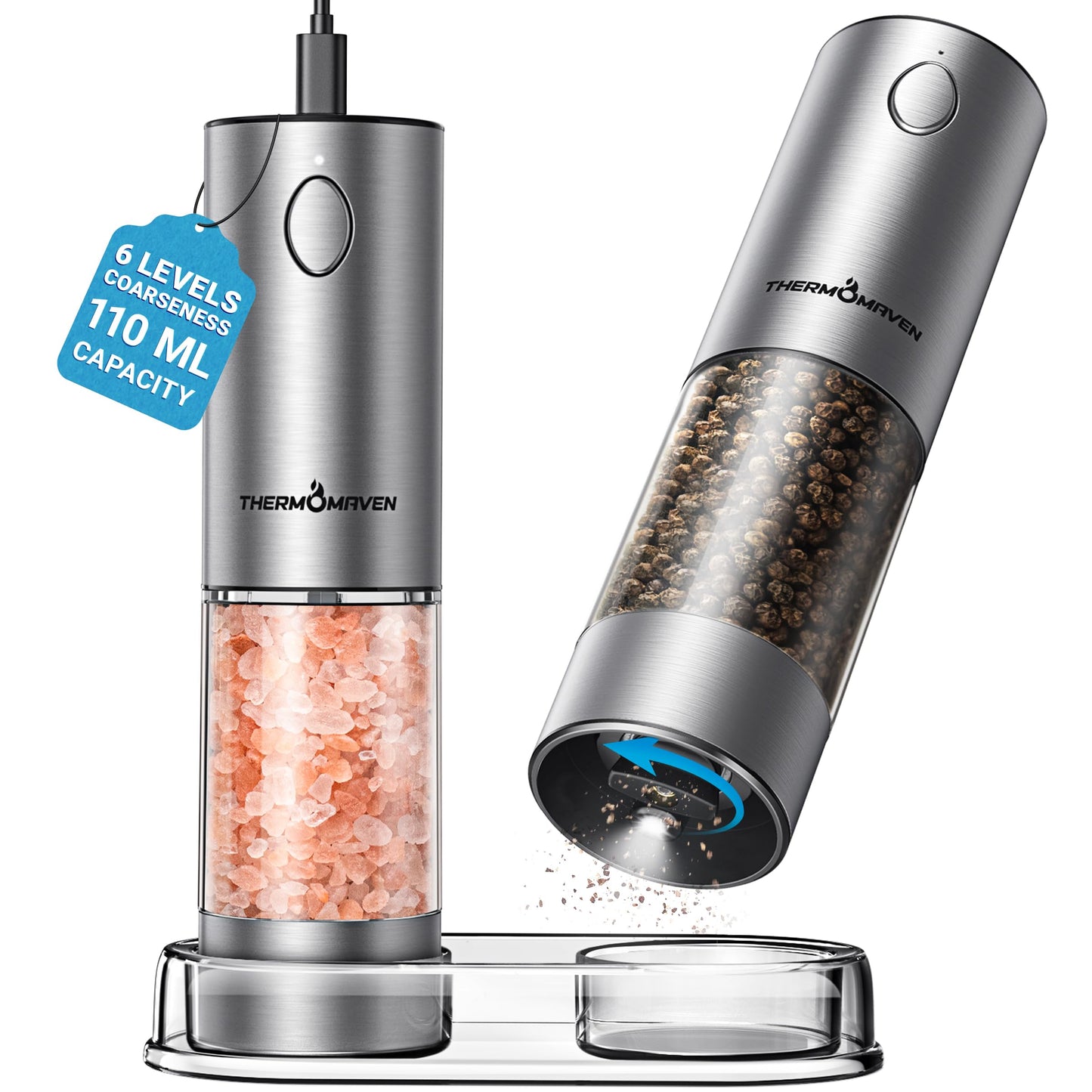 ThermoMaven Electric Salt and Pepper Grinder Set, 110ml Larger Rechargeable Automatic Salt and Pepper Mill Grinder with 6 Adjustable Coarseness, Electric Salt and Pepper Shakers, LED, 2 Packs, Silver