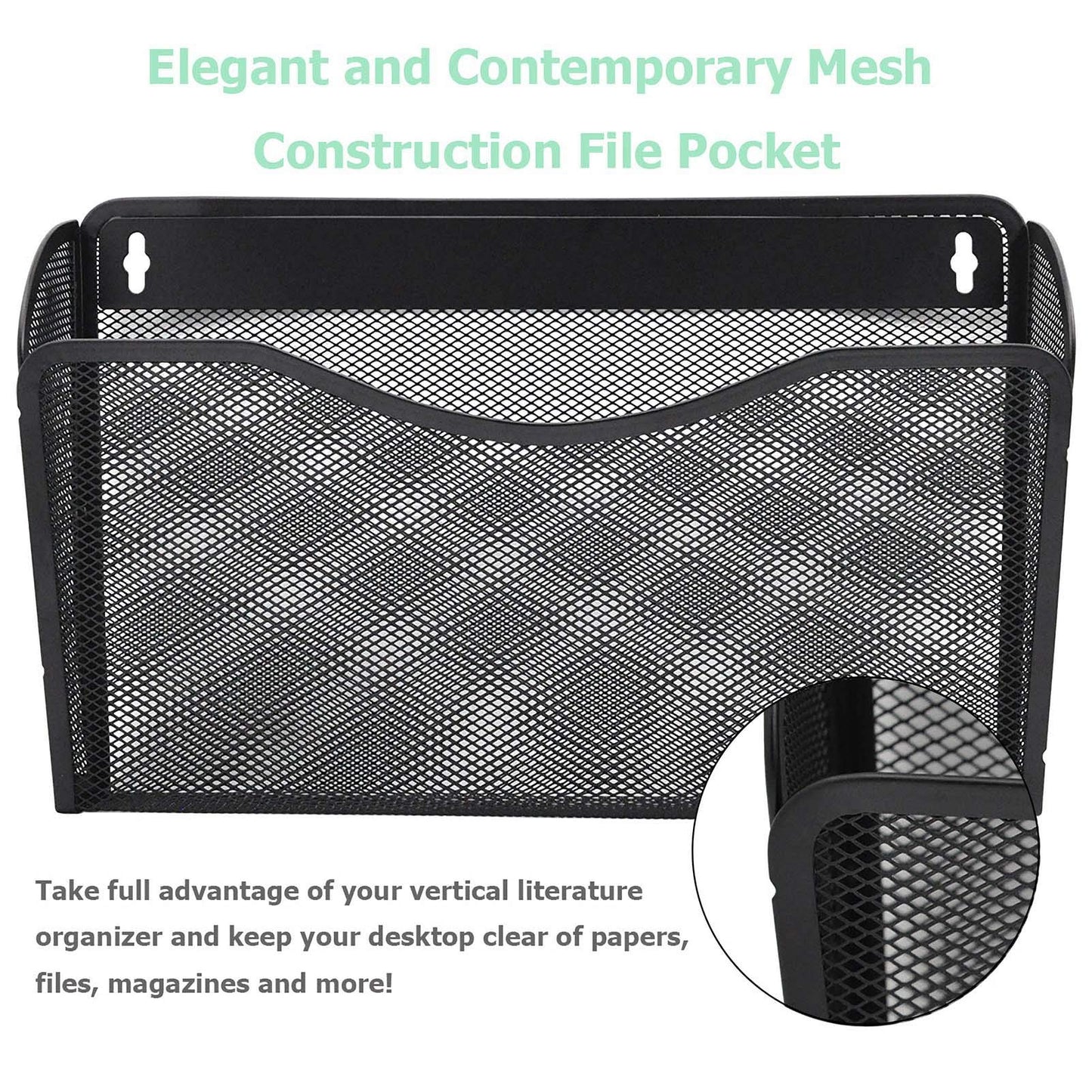 EASEPRES 6 Pack Mesh Wall Mounted File Holder Organizer Metal Hanging Vertical Paper Mails Rack Storage Wire Document Filling Holder Pocket for Office and Home, Black