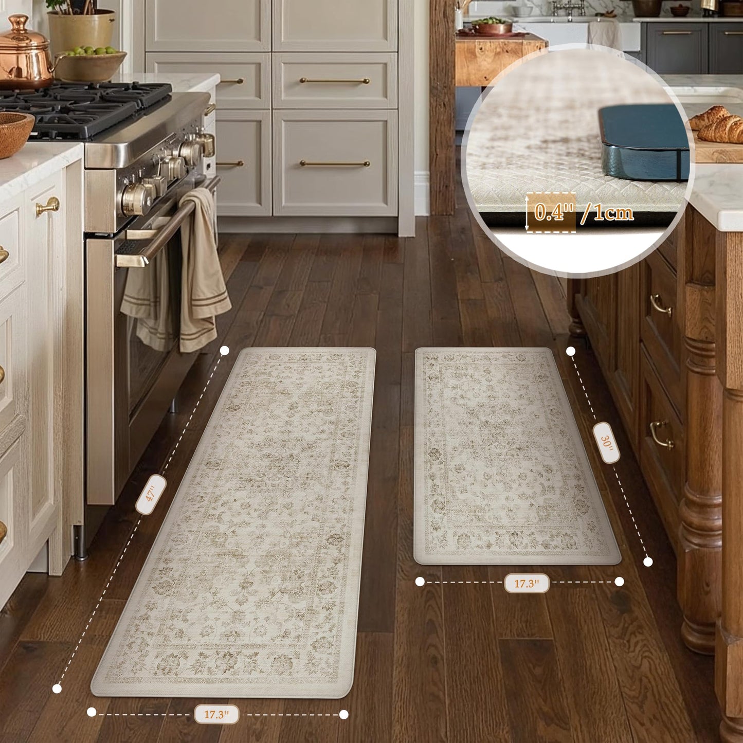 WondRg Kitchen Mats for Floor Set of 2 Anti Fatigue Waterproof Kitchen Rug Beige Neutral Washable Non-Slip Kitchen Mats Comfort Standing Mat Cushioned for Sink Laundry Office 17.3"×47"+17.3"×30"