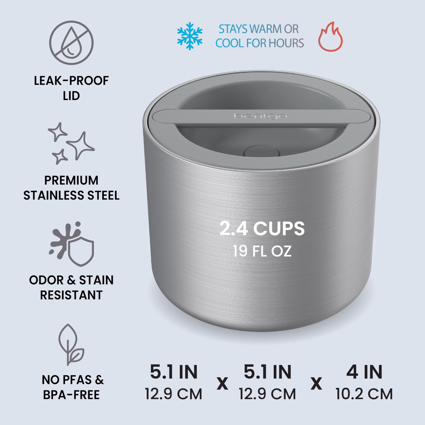 Bentgo Stainless Insulated Food Container - 2.4 Cups (19 oz), Triple-Layer Insulation, Vacuum Seal, Leak-Proof, Built-In Handle, Wide Opening, Premium Stainless Steel, for Cool/Warm Foods (Steel)
