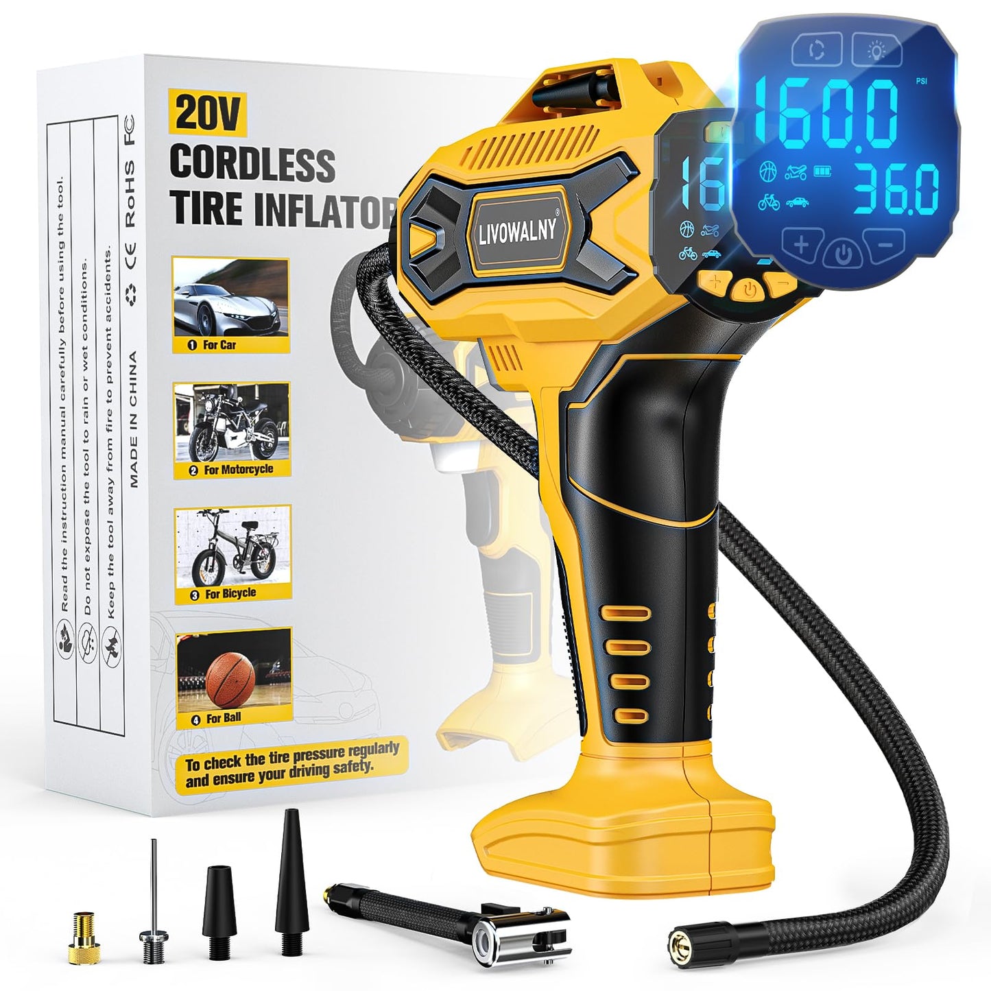 LIVOWALNY Tire Inflator Air Compressor Compatible with Dewalt 20V Battery, 160 PSI Cordless Portable Electric Air Pump Bigger LCD Digital Pressure Gauge for Car(Battery Not Included)