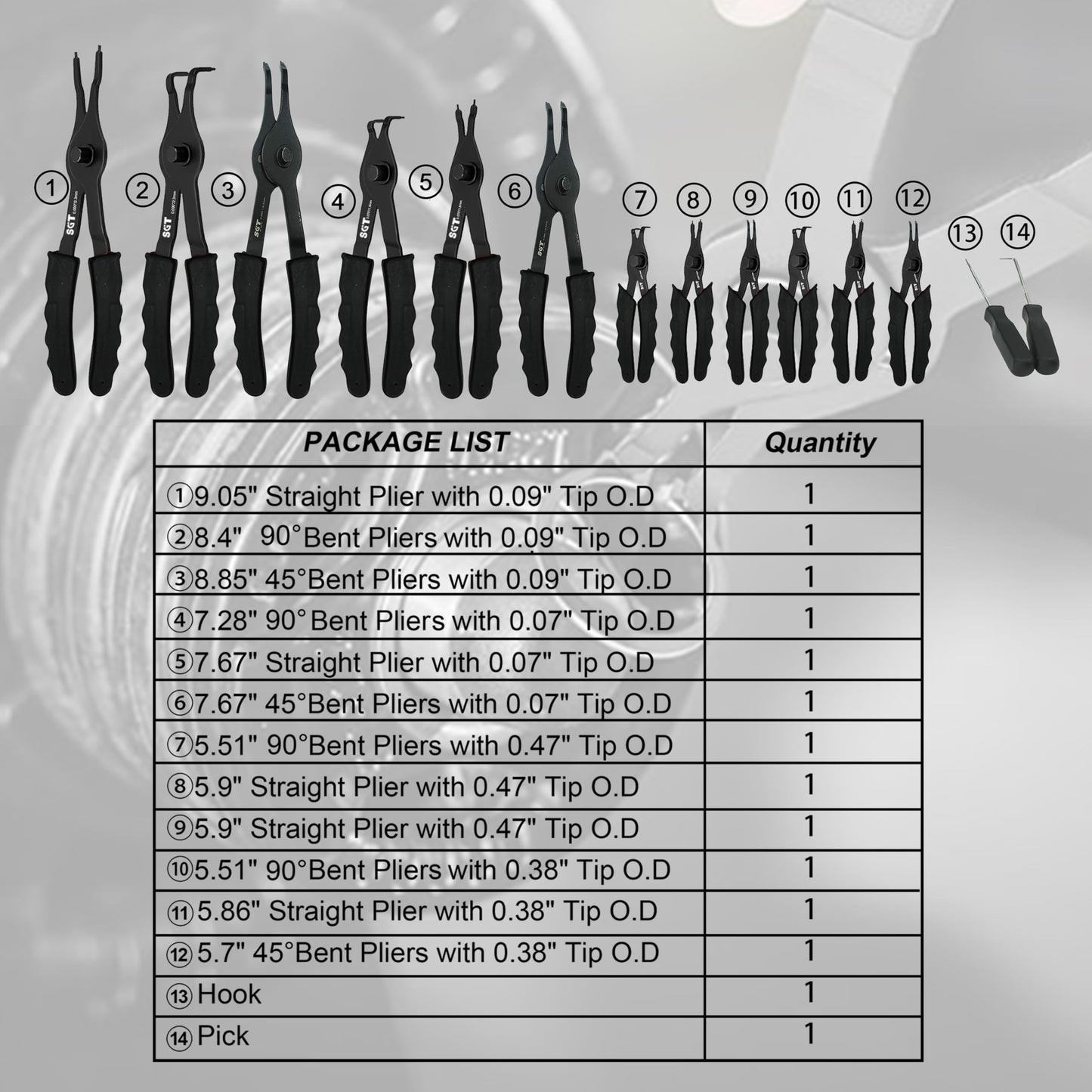 SGT 14pc Snap Ring Pliers Set, Heavy Duty Snap Ring Pliers,Internal & External Circlip Pliers with 45°/90° Bent & Straight Pliers, Hook & Pick,Storage Case & Gloves