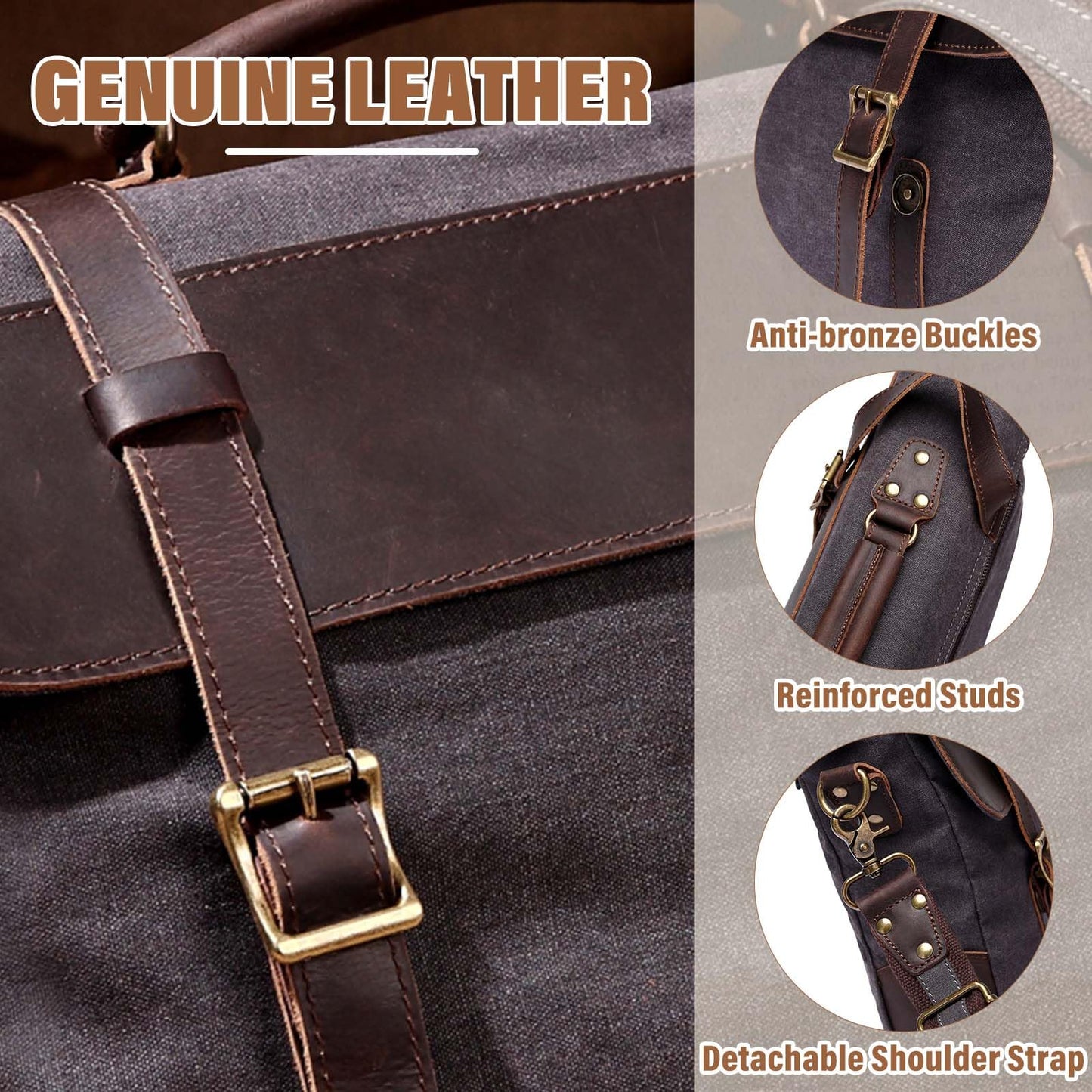 Messenger Bag for Men,Vintage Canvas Leather Canvas Laptop Satchel Shoulder Bag Business Briefcase, Gray-fits 14inch Laptop, Fits 14in Laptop