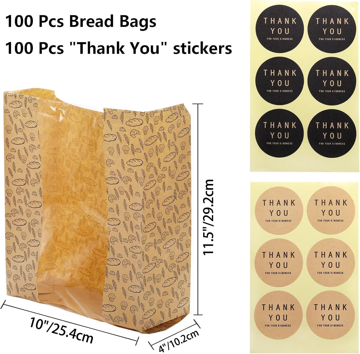 Hacaroa 100 Pack Paper Bread Bags with Clear Window, 10.8"x10"x4" Kraft Bakery Bags with 100 Stickers, Brown Toast Packaging Bags for Homemade Bread, Cookie