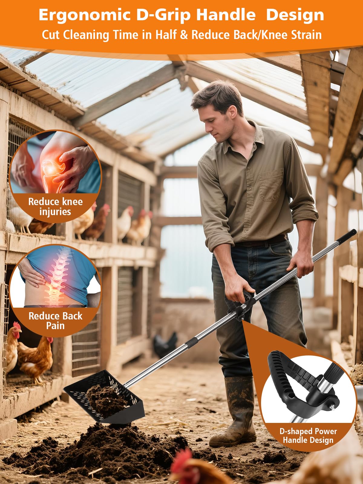Chicken Poop Scooper with Ergonomic D-Grip 64" Long Handle 4 Sections Adjustable Stainless Steel Chicken Coop Scooper for Sand Sifting Shovel Farm Beach Garden Yard Waste Litter Pooper Cleaning Tools