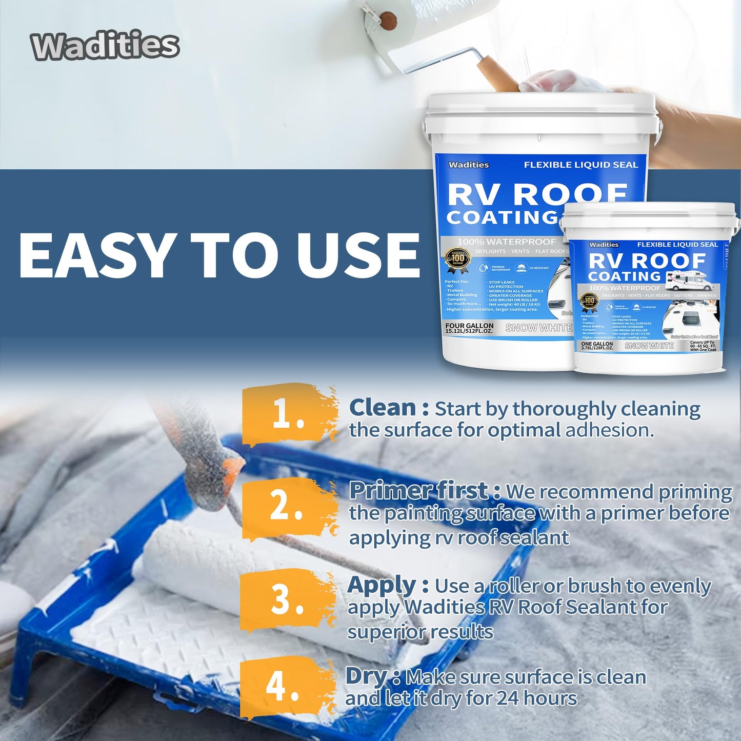 RV Roof Coating White, Wadities Waterproof Solar Reflective Sealant, Flexible RV Roof Sealant for Campers, Trailers, Motorhomes, Metal Buildings and Leak Repairs - 1 Gallon