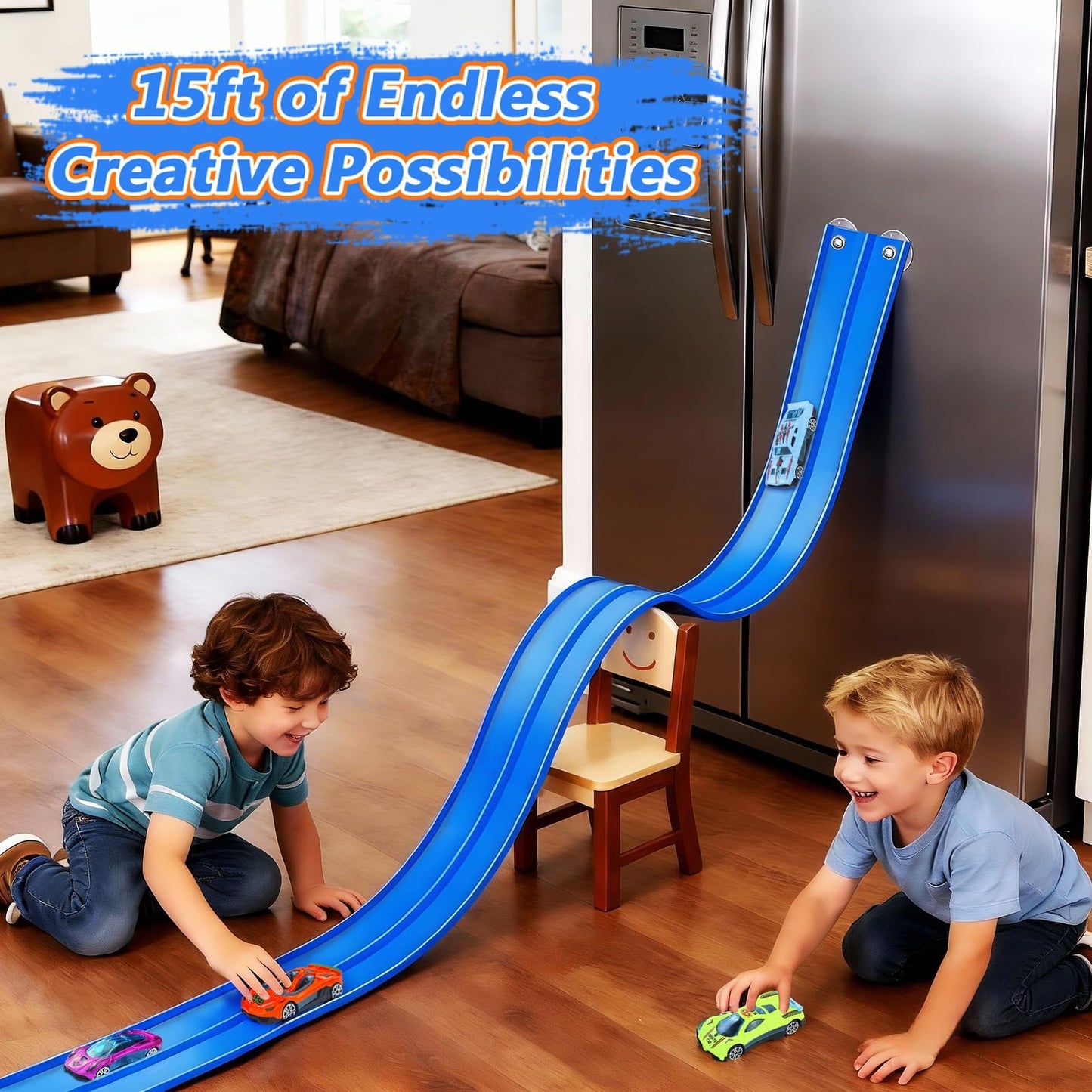 FALDAA 15ft Flexible Race Track for Kids with 6 Cars & 6 Suction Cups, Race Car Ramp Toy Compatible with Hot Wheels and 1/64 Diecast Cars, Portable Slot Car Track for Ages 3+