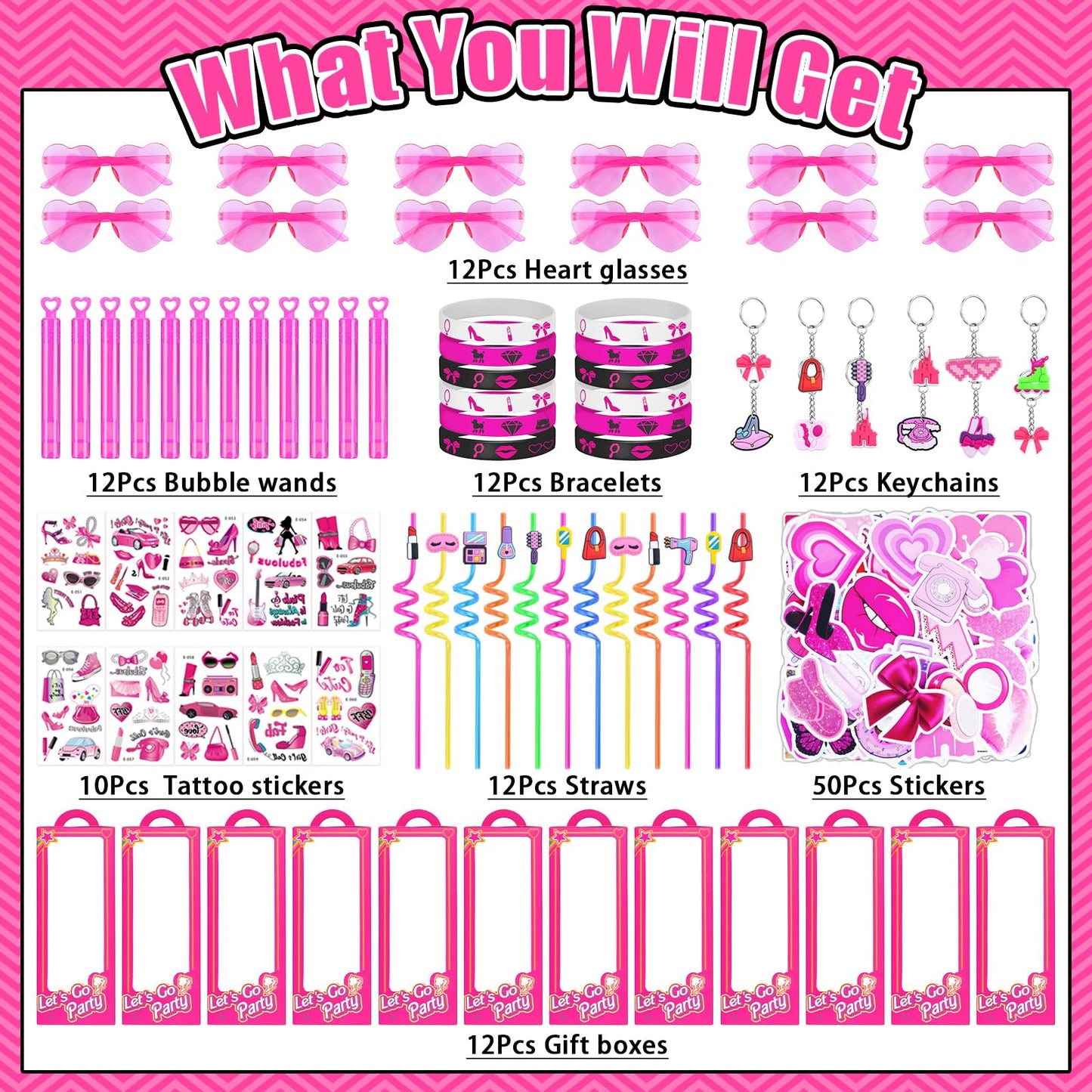 132Pcs Pink Birthday Party Favors Supplies with Goodie Candy Boxes Stuffers Includ Straw Glasses Bubble Stick Bracelet Keychain Tattoo Stickers Etc for Girls Birthday Party Decorations Supplies