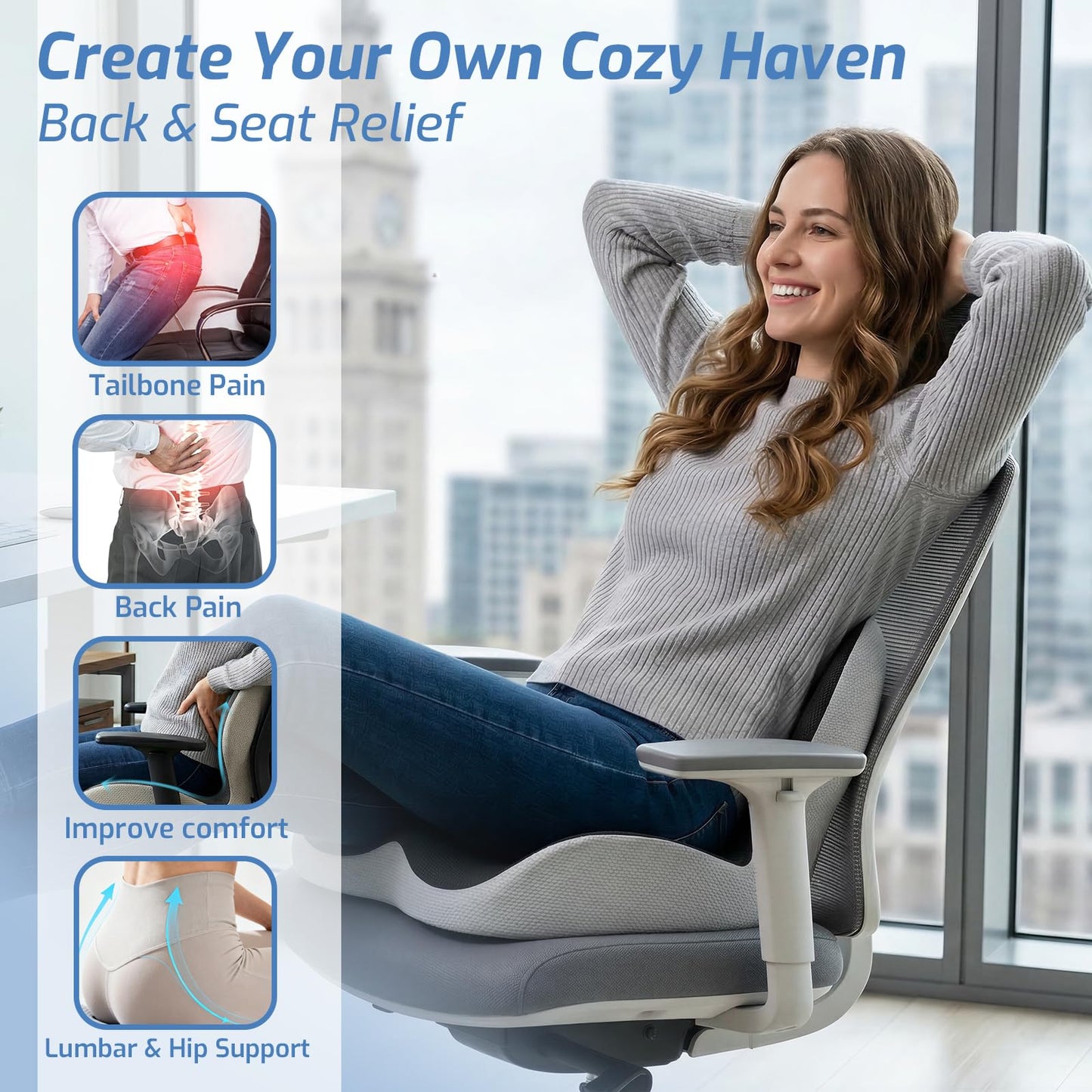 ECONVCE Memory Foam Seat Cushion,Car Chair Cushion with Lumbar Support,Ergonomic Seat Cushion for Sciatica,Back Pressure Pain Relief for Office,Car,Truck