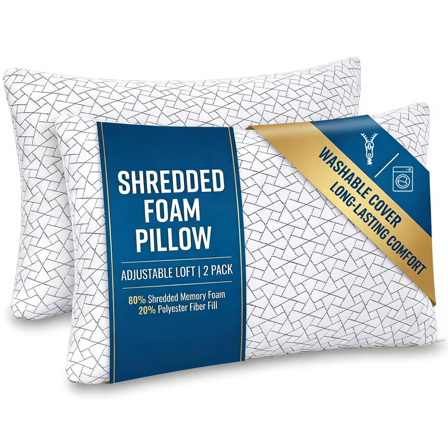 Adjustable Memory Foam Pillows: 2 Pack Queen Size Shredded Foam Bed Pillow for Sleeping with Removable & Washable Pillowcase for All Sleep Positions