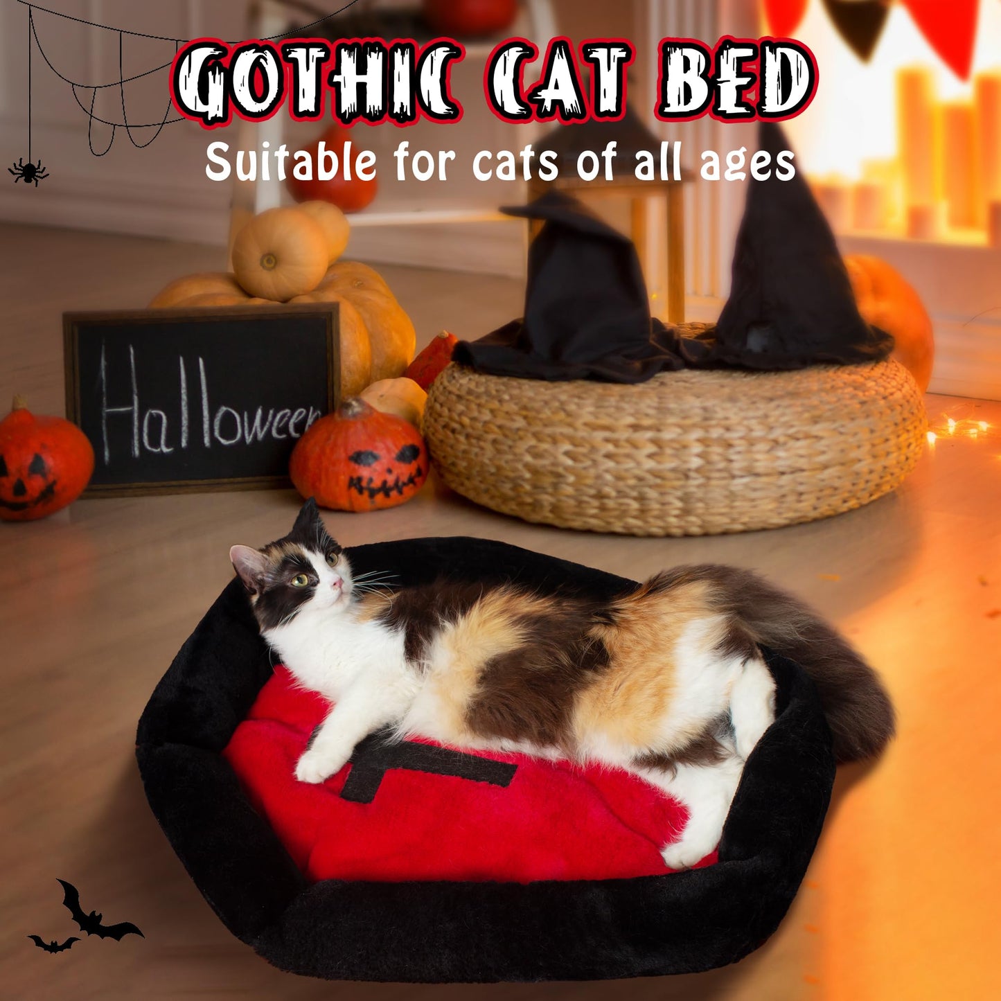 Gothic Cat Beds - Large Washable Coffin Bed, Fluffy - Fits Up to 40 lbs, Halloween House - 32 * 22.4 Inch - Red & Black