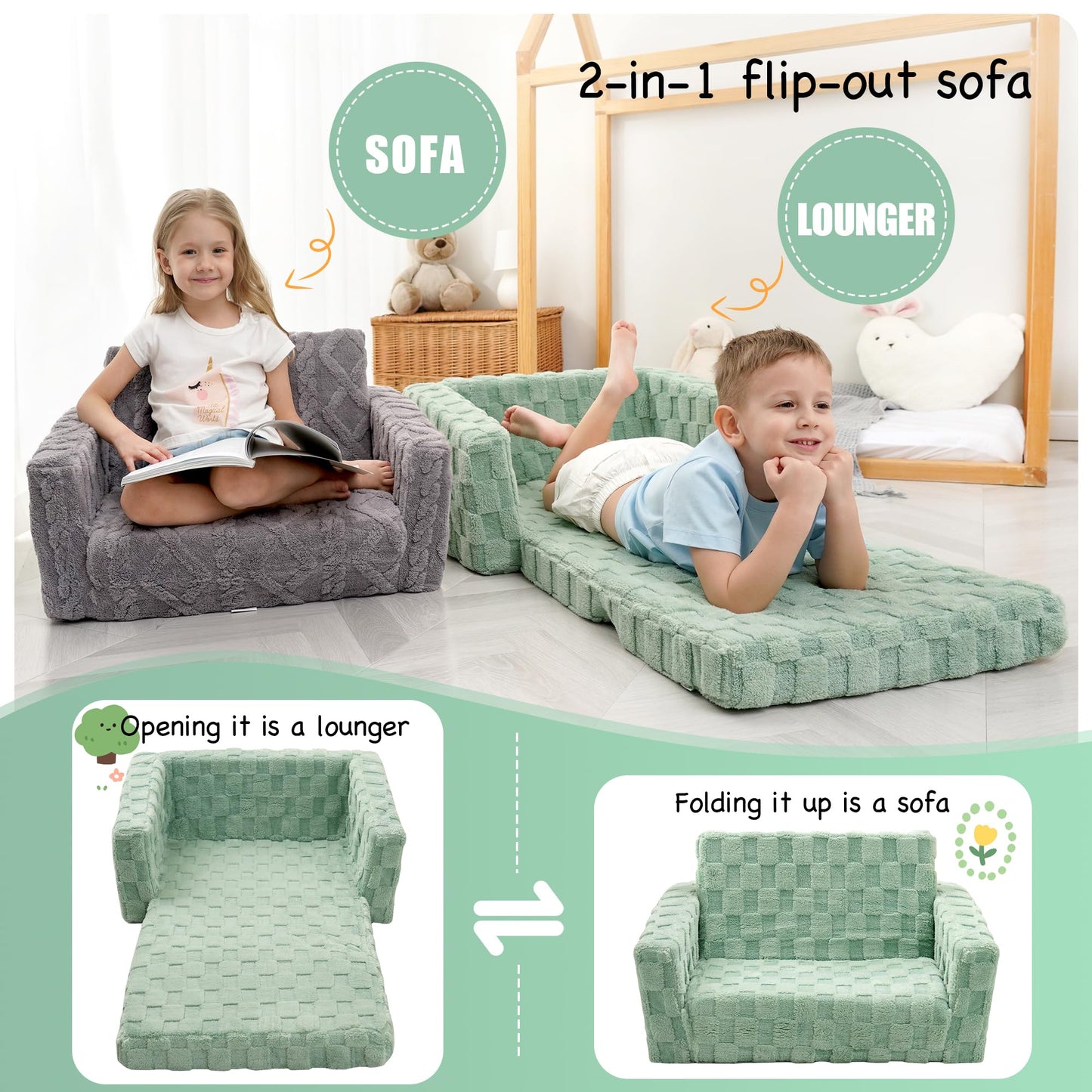 Toddler Couch for Kids, 2-in-1 Kids Fold Out Couch with Flip Open Sofa Lounger, Soft Flannel Kids Sofa Chair for Playroom Bedroom, Green