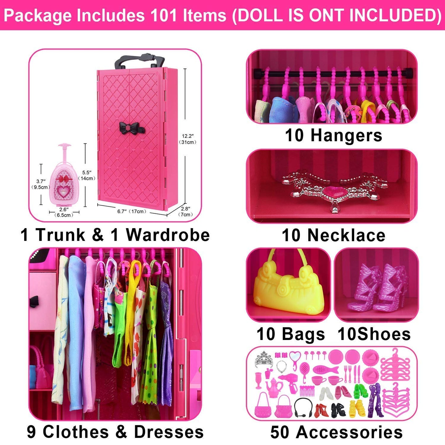 ZITA ELEMENT Fashion Doll Closet Wardrobe Lot 101 Items for 11.5 Inch Girl Doll Including Ultimate Doll Clothes and Accessories, Wardrobe, Trunk, Casual Wear, Dress, Swimsuits, Hangers, Shoes, Bags