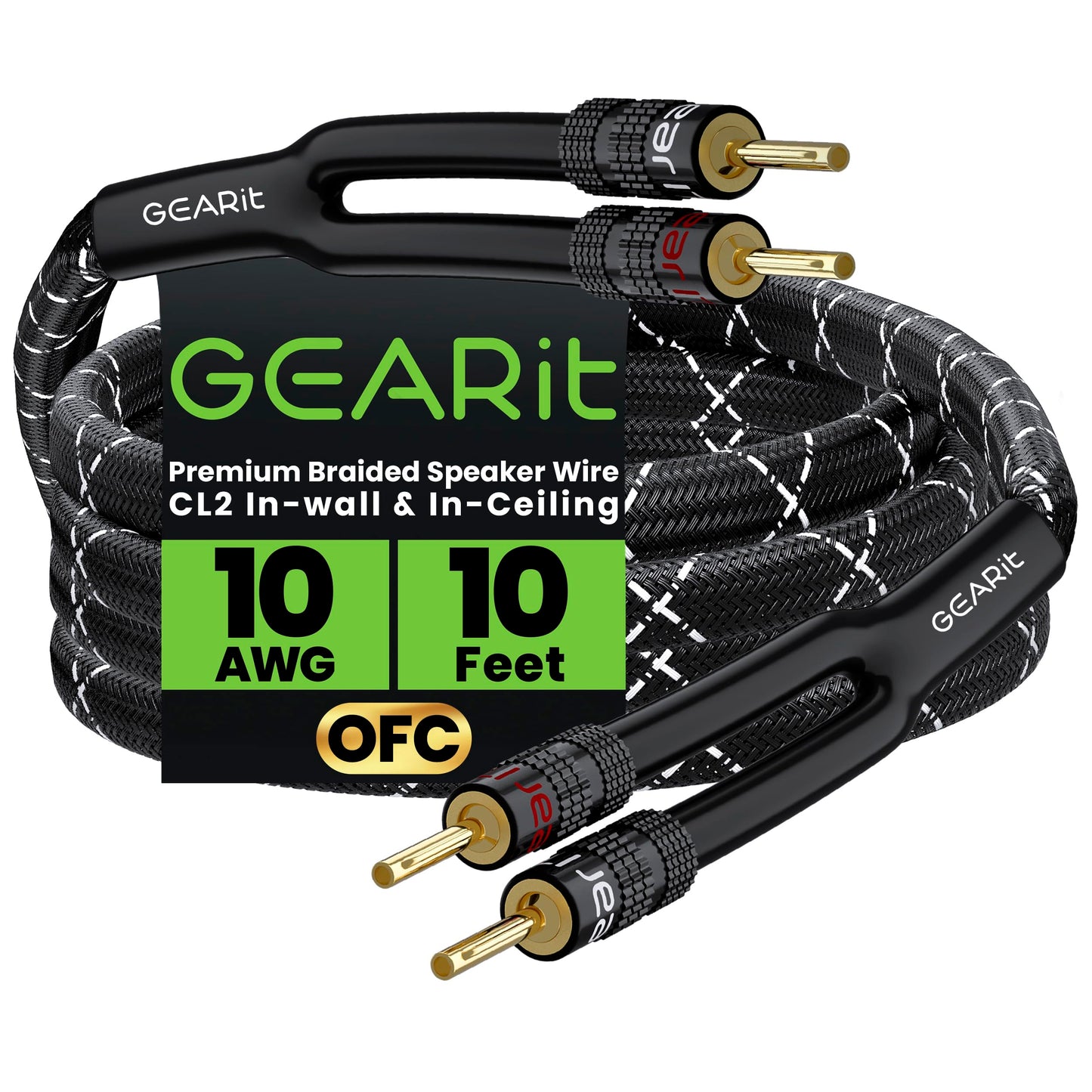 GearIT 10 AWG Speaker Wire with Banana Plugs (1 Pack, 10 Feet), 10Ga Banana Wire for Bi-Wire Bi-Amp HiFi Surround Sound, OFC, CL2 in Wall Rated - Black, 10 Ft