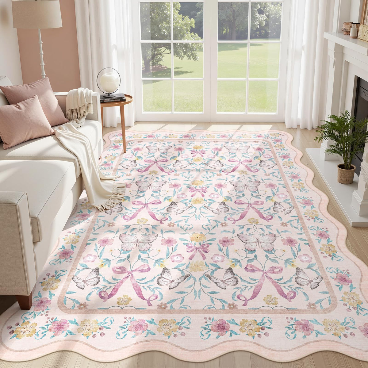 5x7 Pink Nursery Rug for Bedroom, Scalloped Washable Area Rugs for Kids Room, Bow Floral Carpet for Girls Room, Cute Ultra-Soft Non Slip Boho Carpet for Playroom, Dorm (Pink)